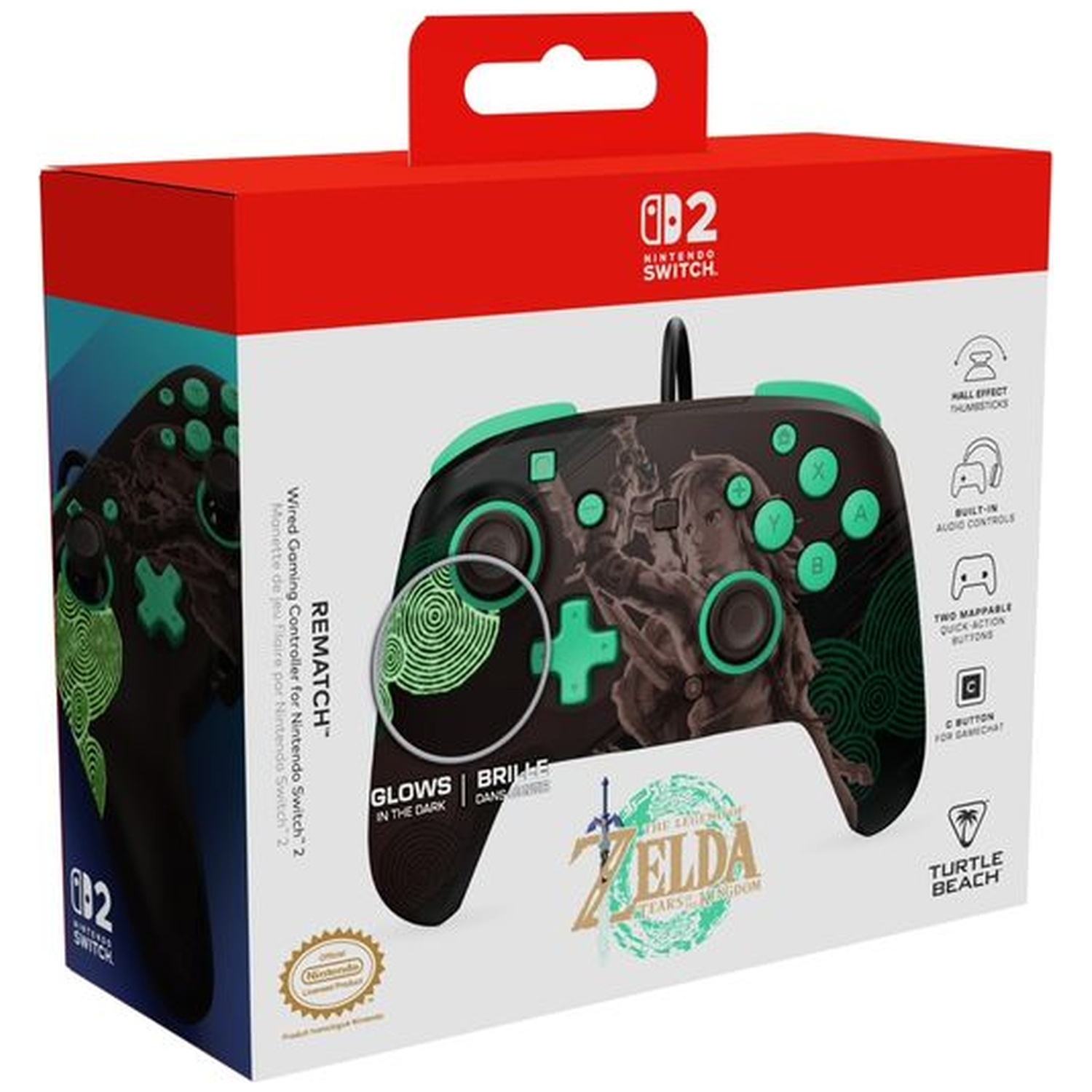 Emballage d'une manette filaire Zelda noire et turquoise pour Nintendo Switch 2.
