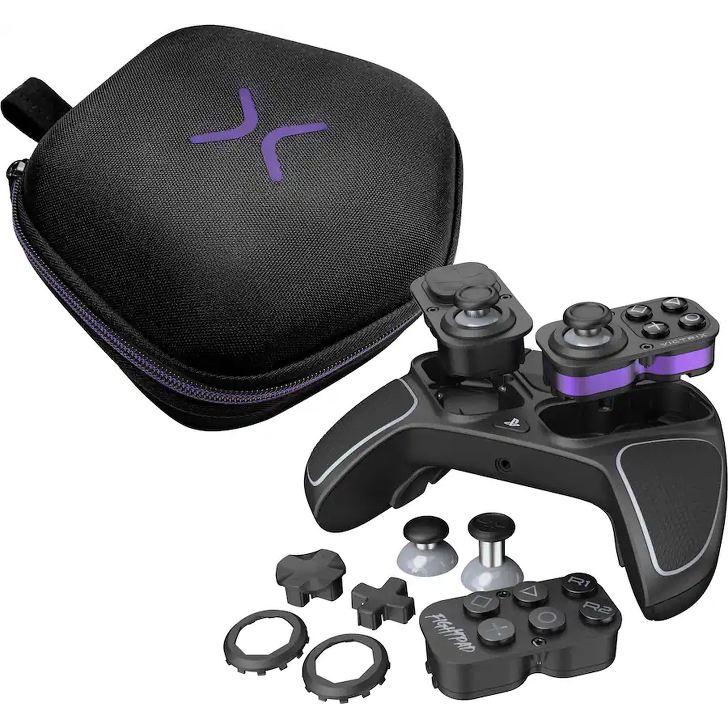 Manette de jeu modulaire noire avec étui et pièces interchangeables sur fond blanc.