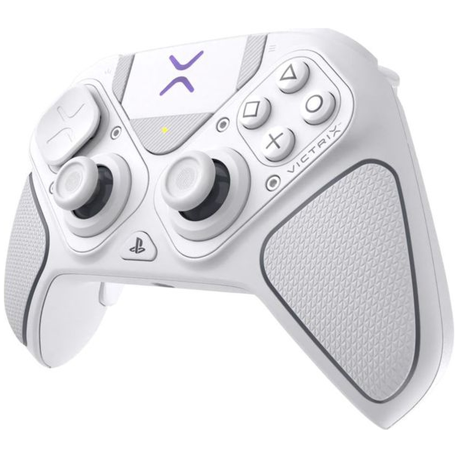Une manette de jeu Victrix blanche avec deux joysticks analogiques, le logo PlayStation et des poignées texturées.