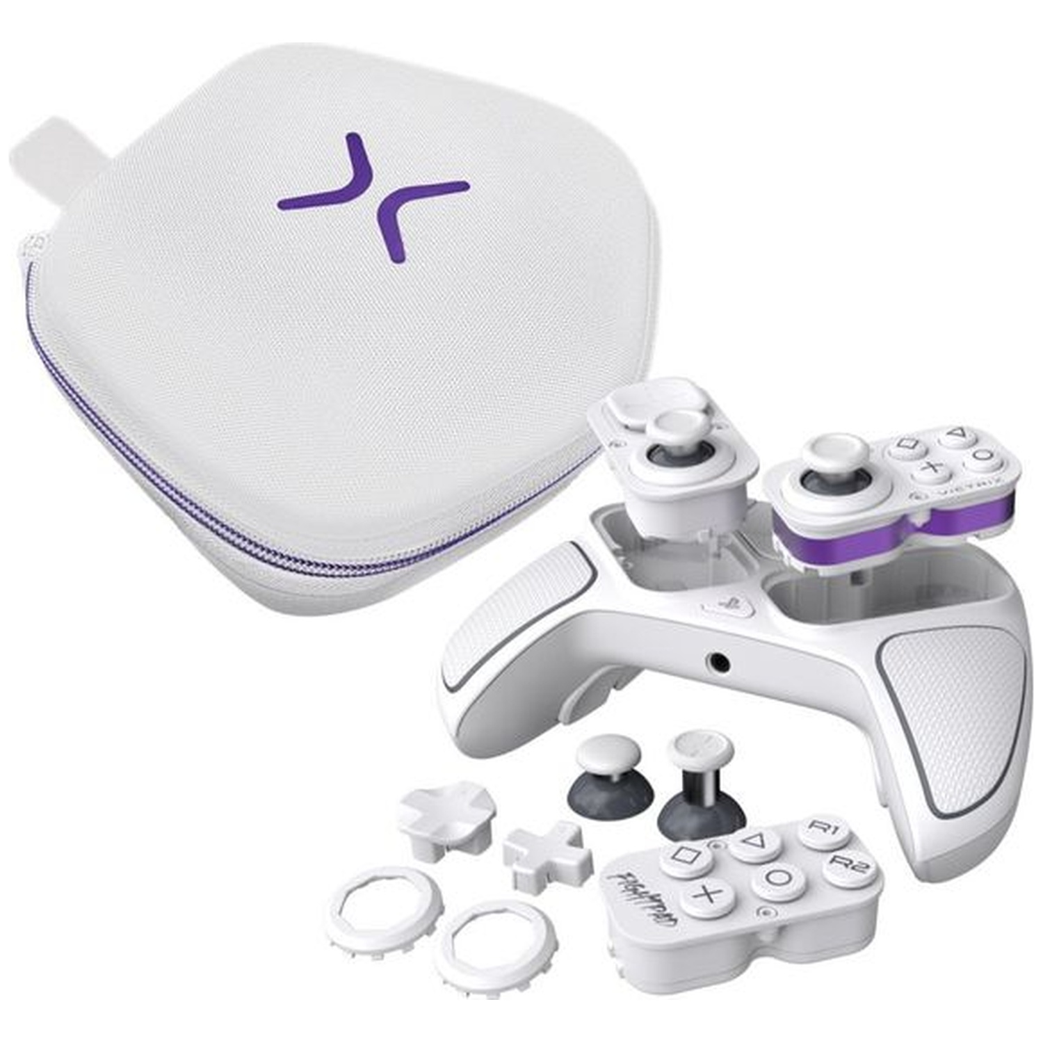 Manette modulaire blanche avec modules interchangeables, boutons, joysticks et étui de transport blanc et violet.