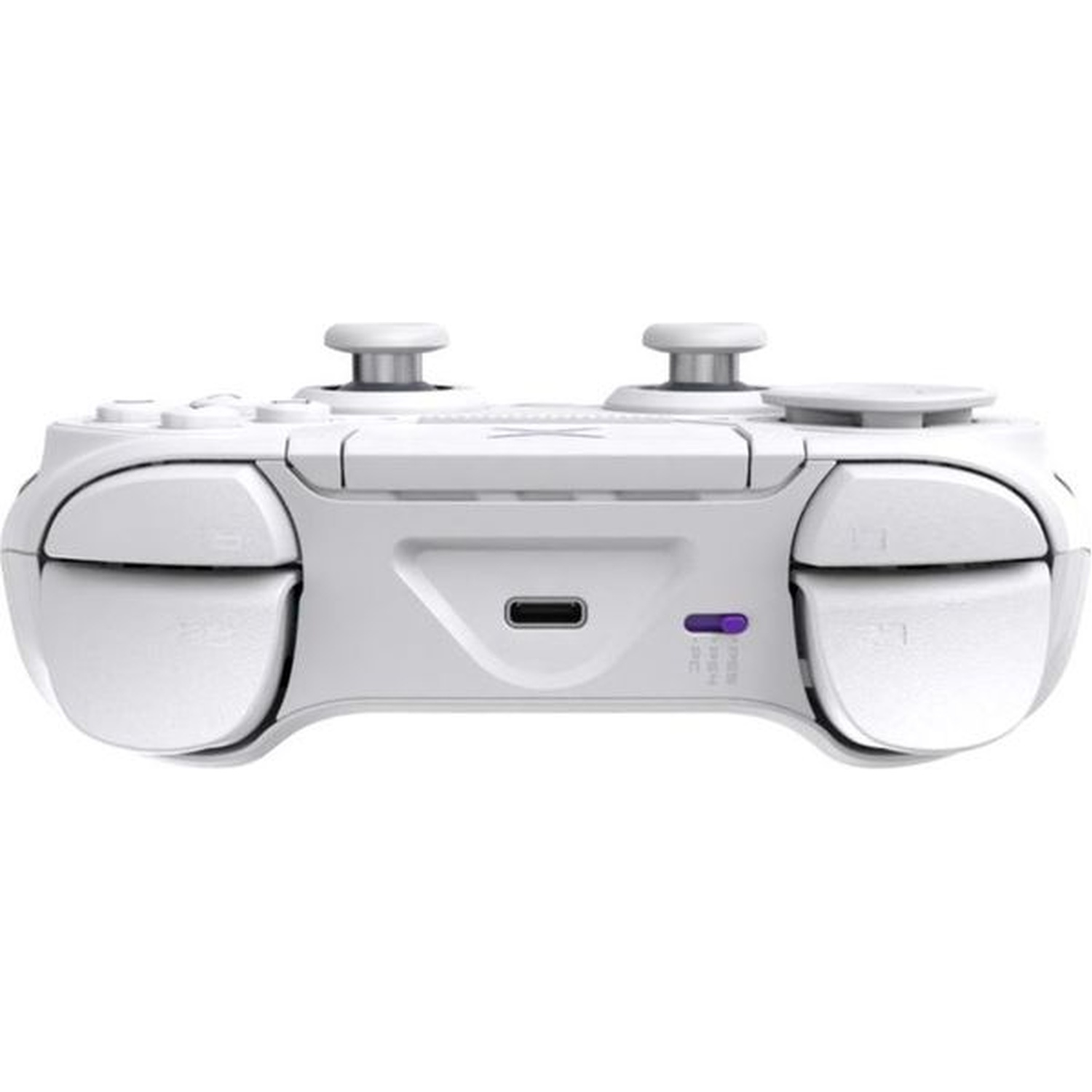 Vue de dessous d'une manette de jeu blanche avec un port USB-C et des boutons.