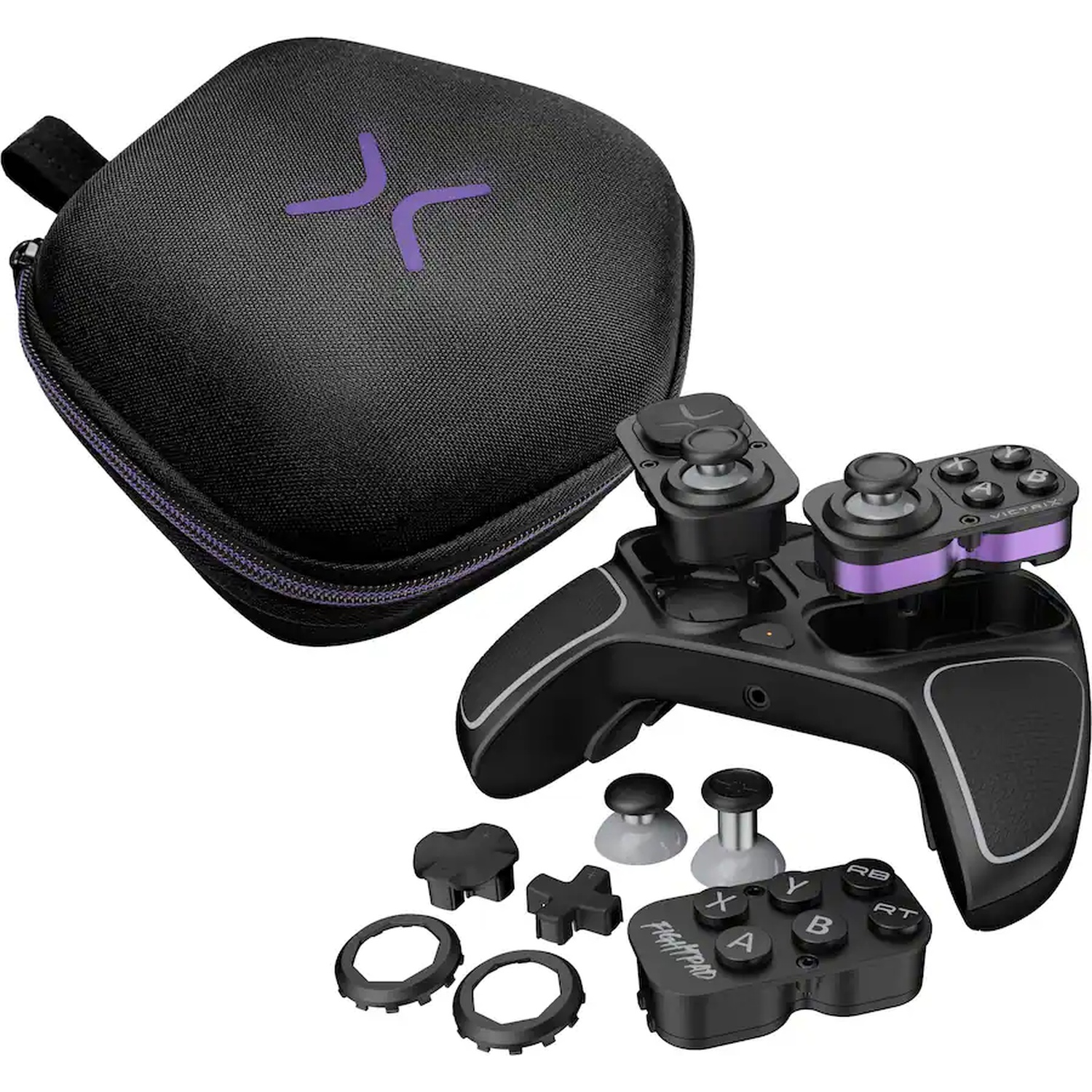 A black modular gaming controller with interchangeable modules, extra parts, and a matching black carry case.