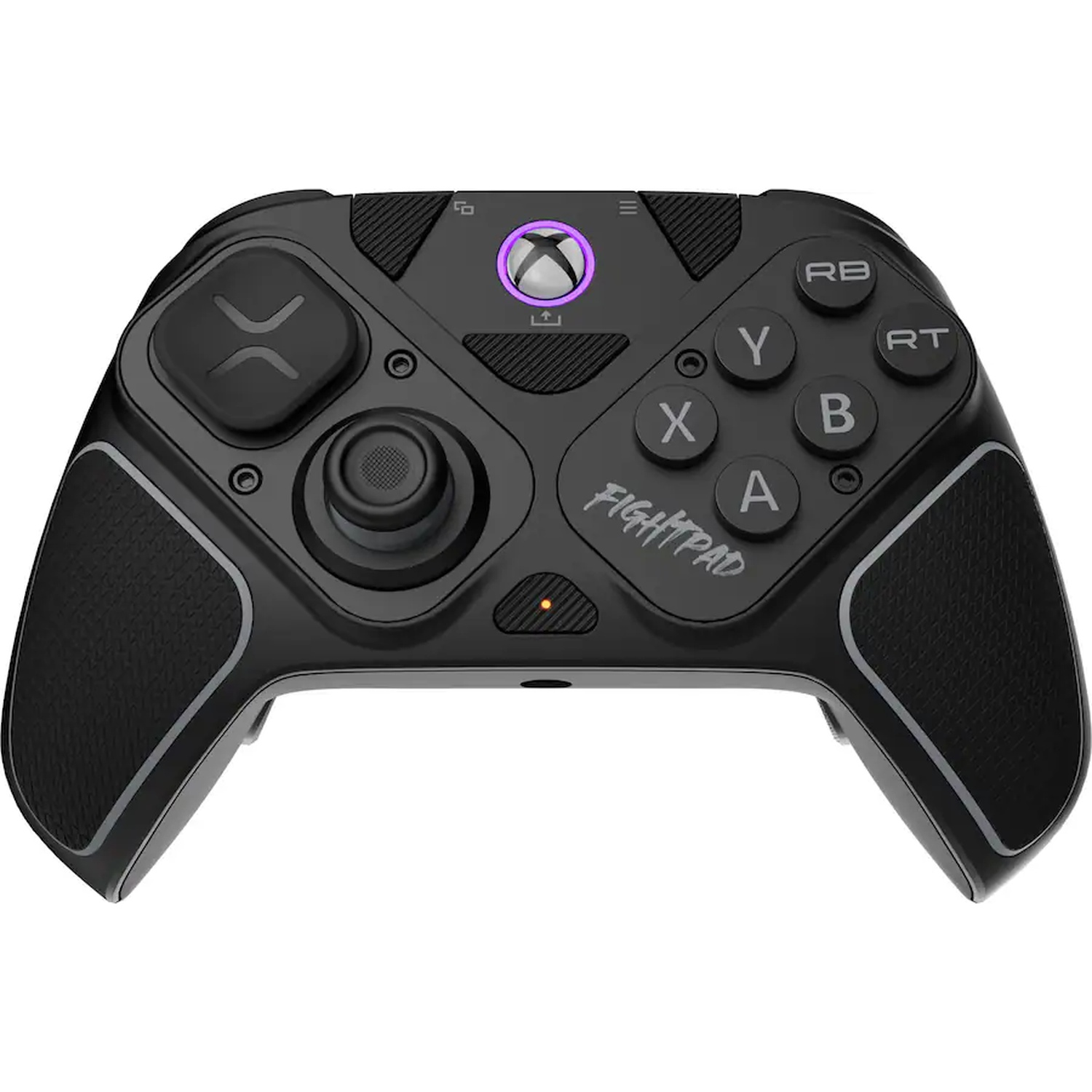 A black Xbox fightpad controller featuring an illuminated Xbox logo and standard buttons.
