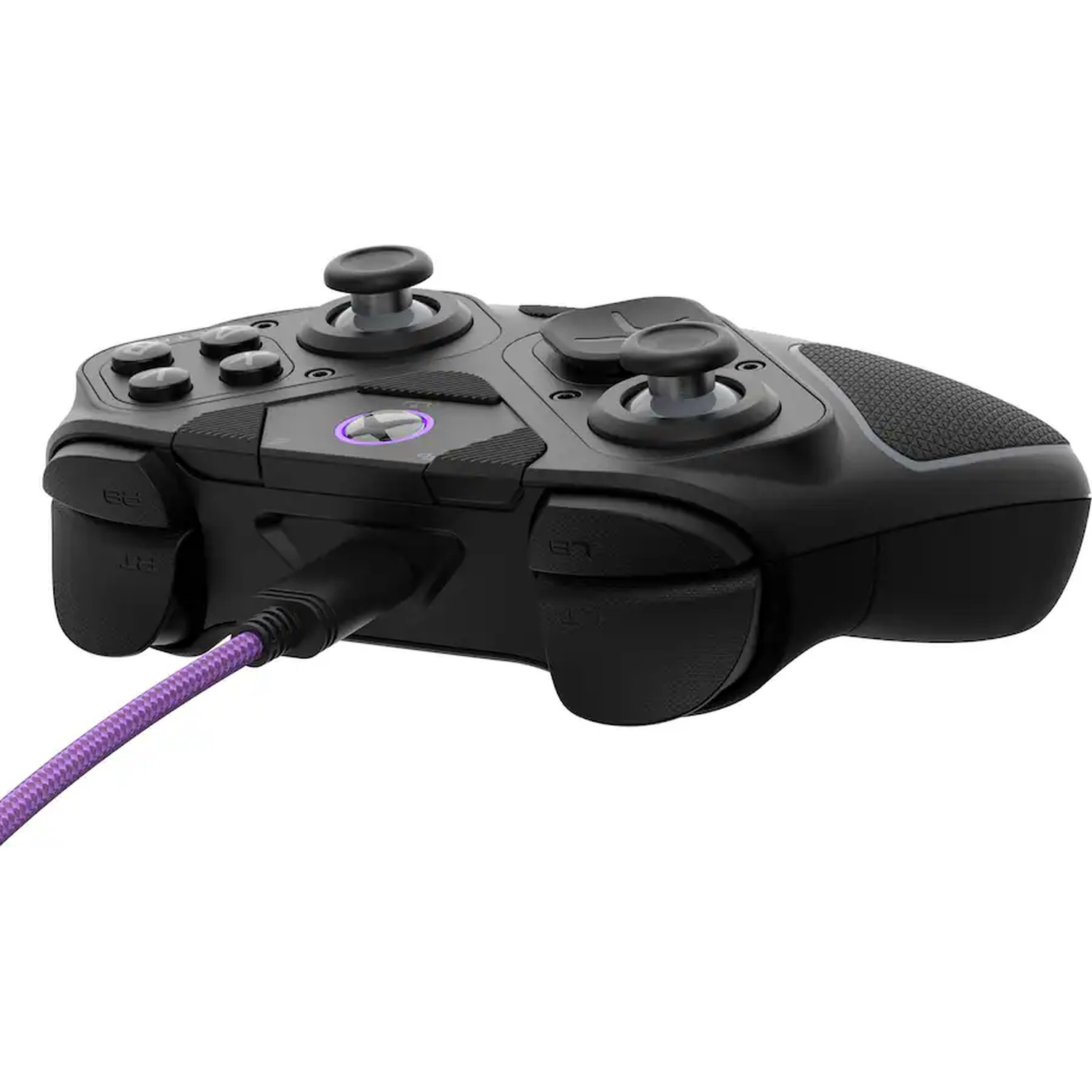 Black Xbox controller connected to a purple braided cable against a white background.