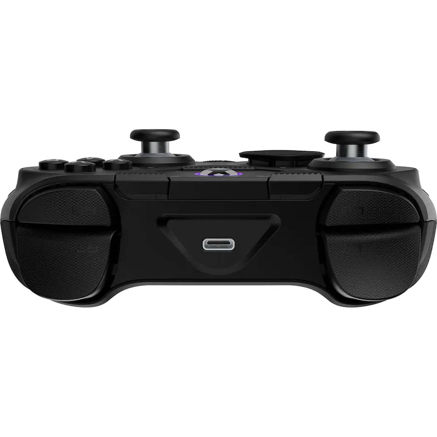 A black gaming controller featuring a central USB-C port and two analog sticks on top.