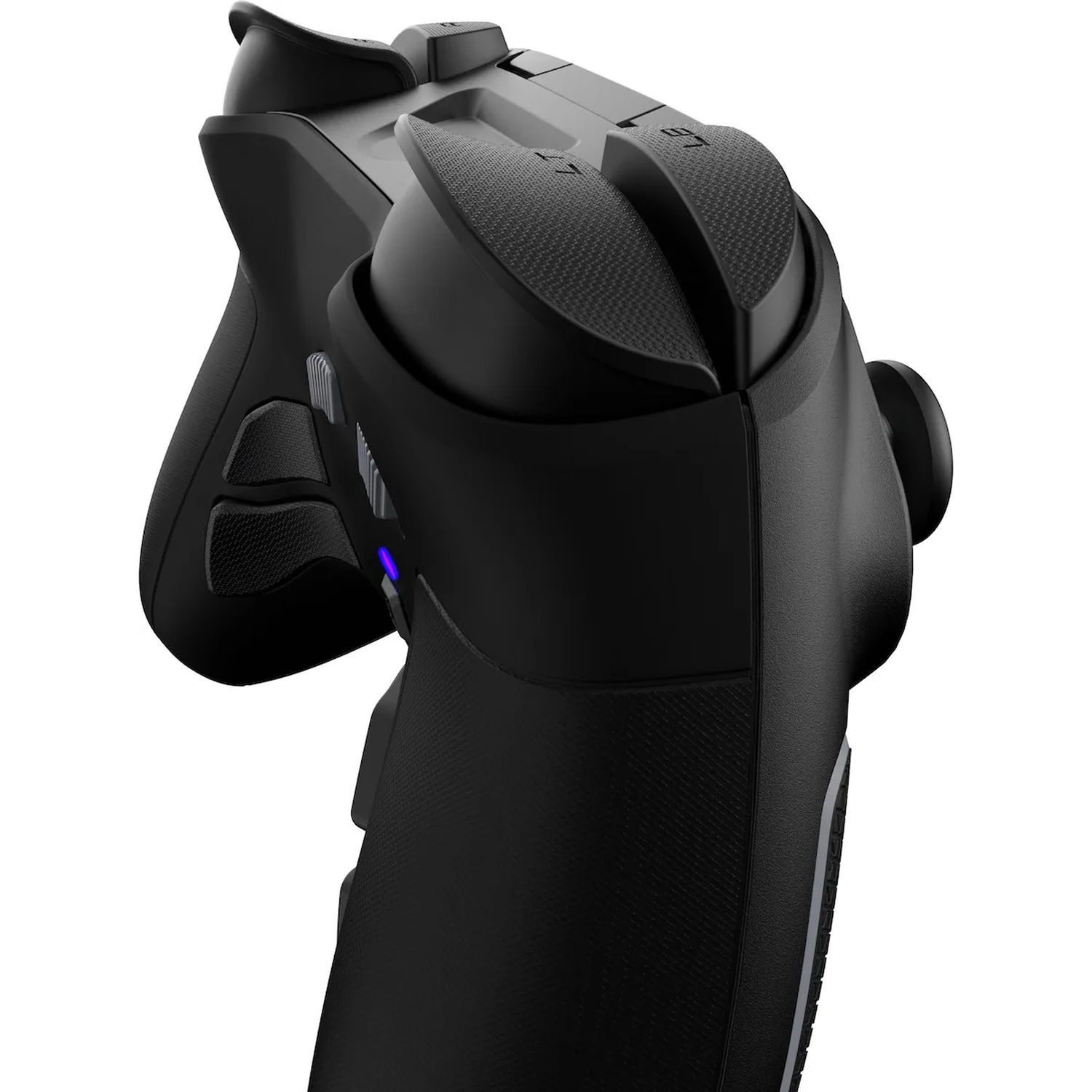 Side view of a black Xbox controller featuring textured buttons and grips.