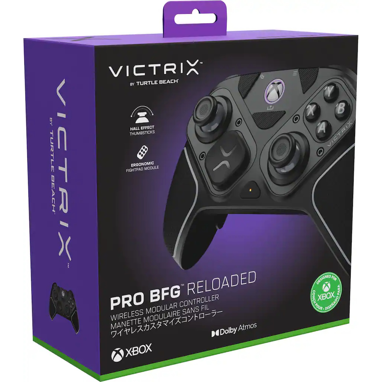 Packaging box for the Victrix Pro BFG Reloaded wireless controller for Xbox in black and purple.