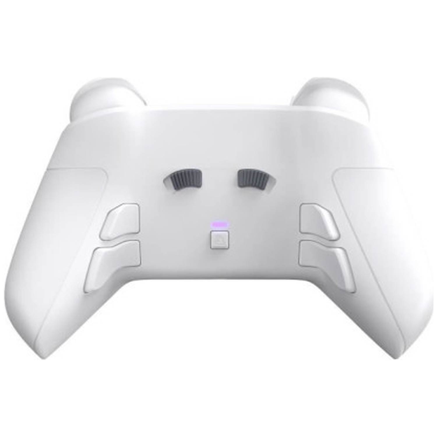 Achterkant van een witte controller met extra grijze wieltjes en knoppen.