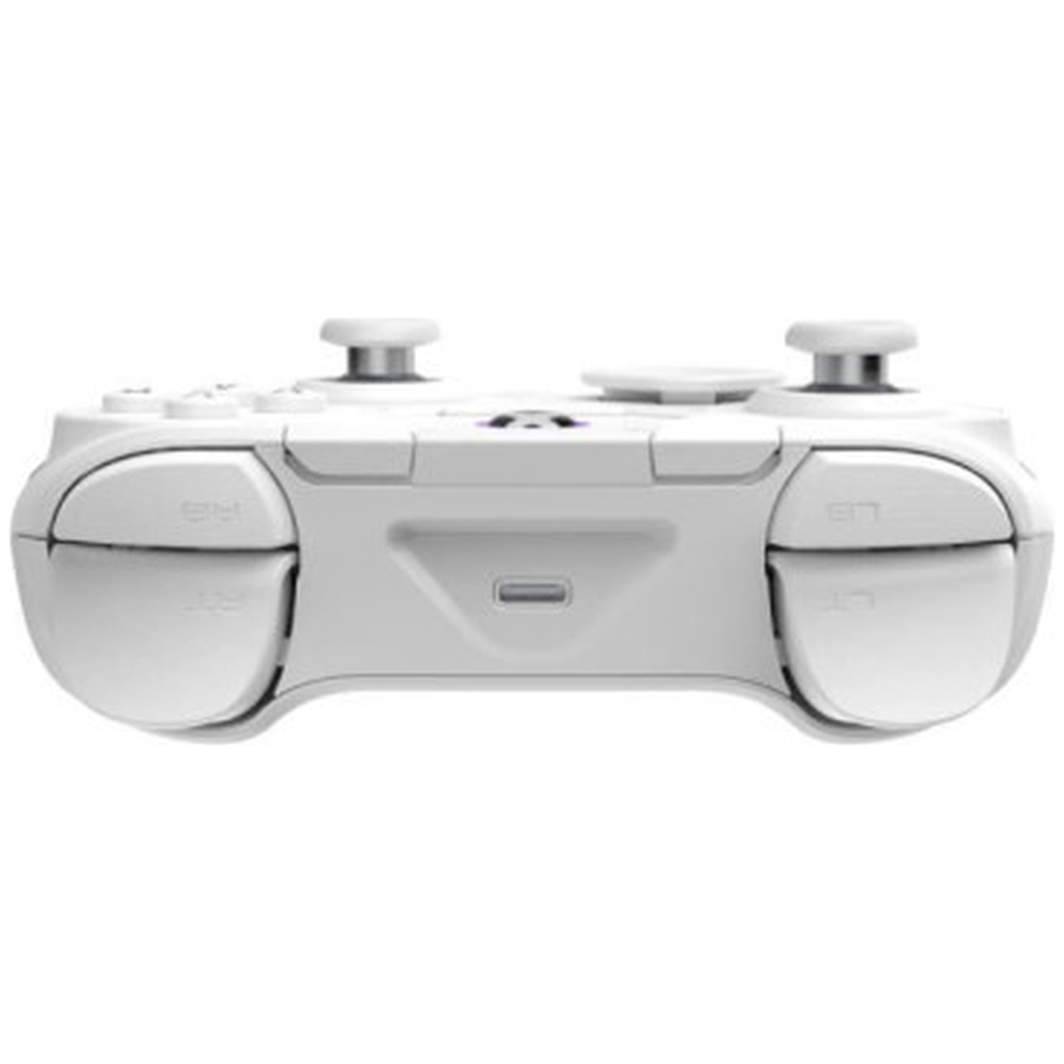 Vooraanzicht van een witte Xbox-controller met joysticks en knoppen op een witte achtergrond.