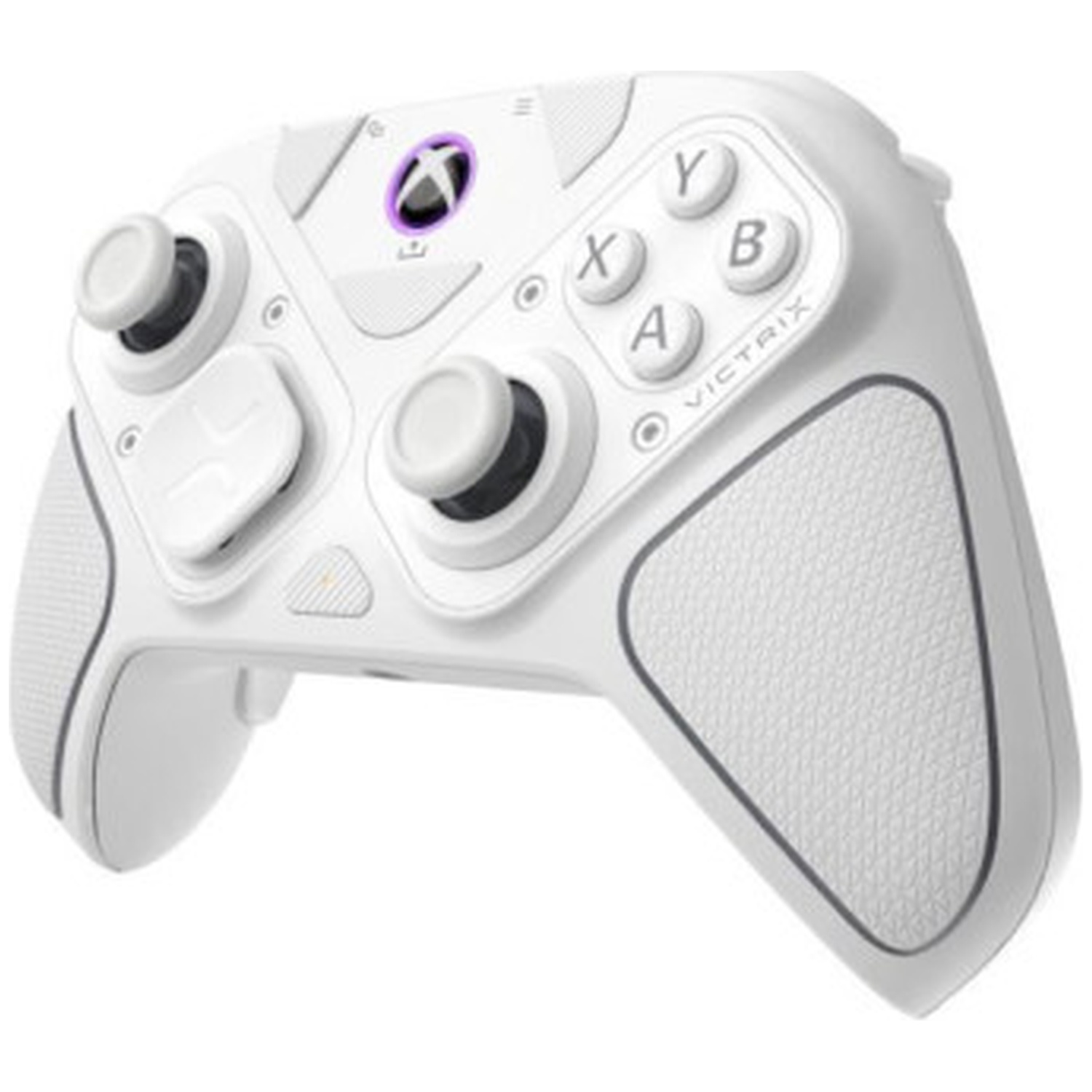 Een witte Victrix Xbox-controller met gestructureerde grepen, asymmetrische joysticks en XYAB-knoppen.