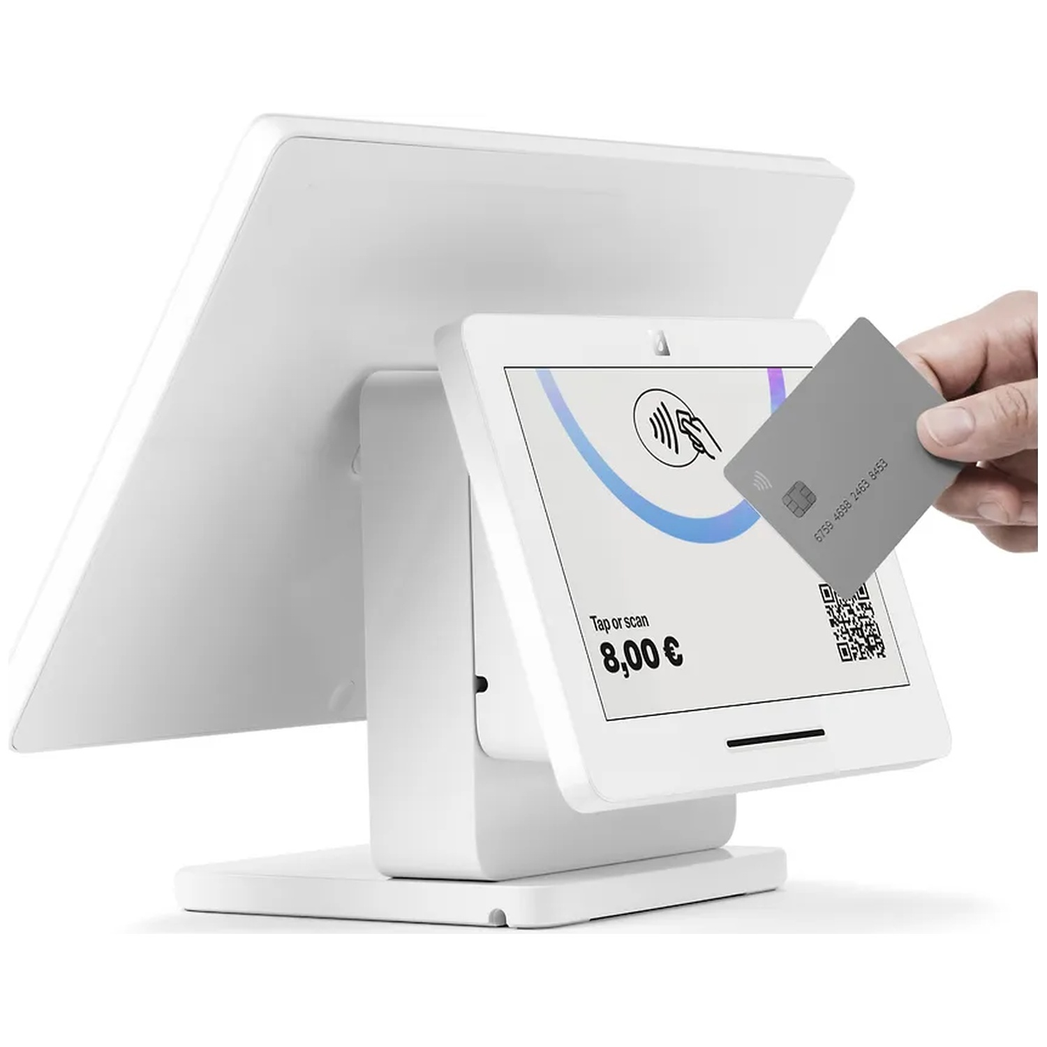 A hand taps a card on a white point of sale terminal displaying 8.00 euros.
