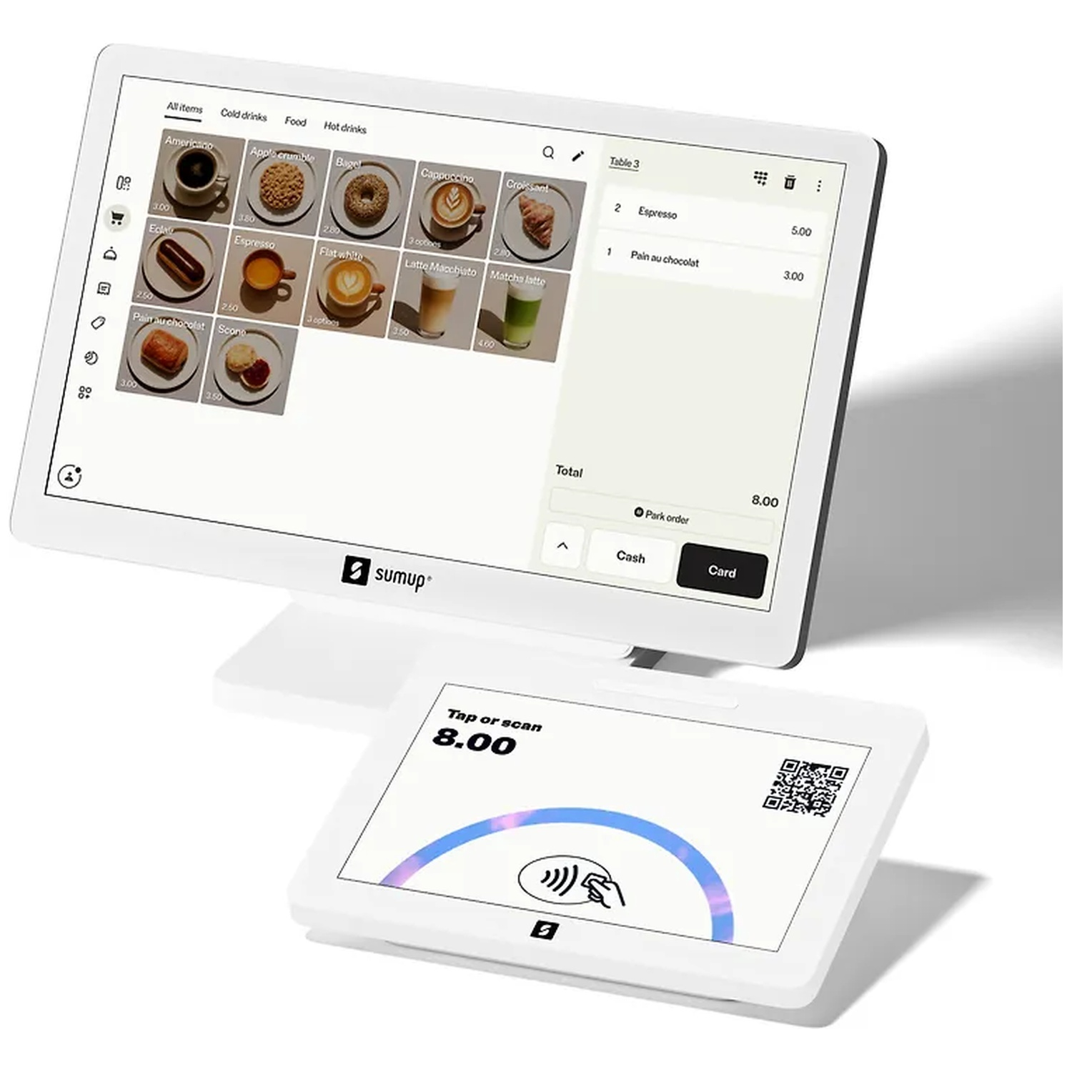 A white SumUp POS system with a touchscreen displaying a cafe menu and a customer display showing 8.00.