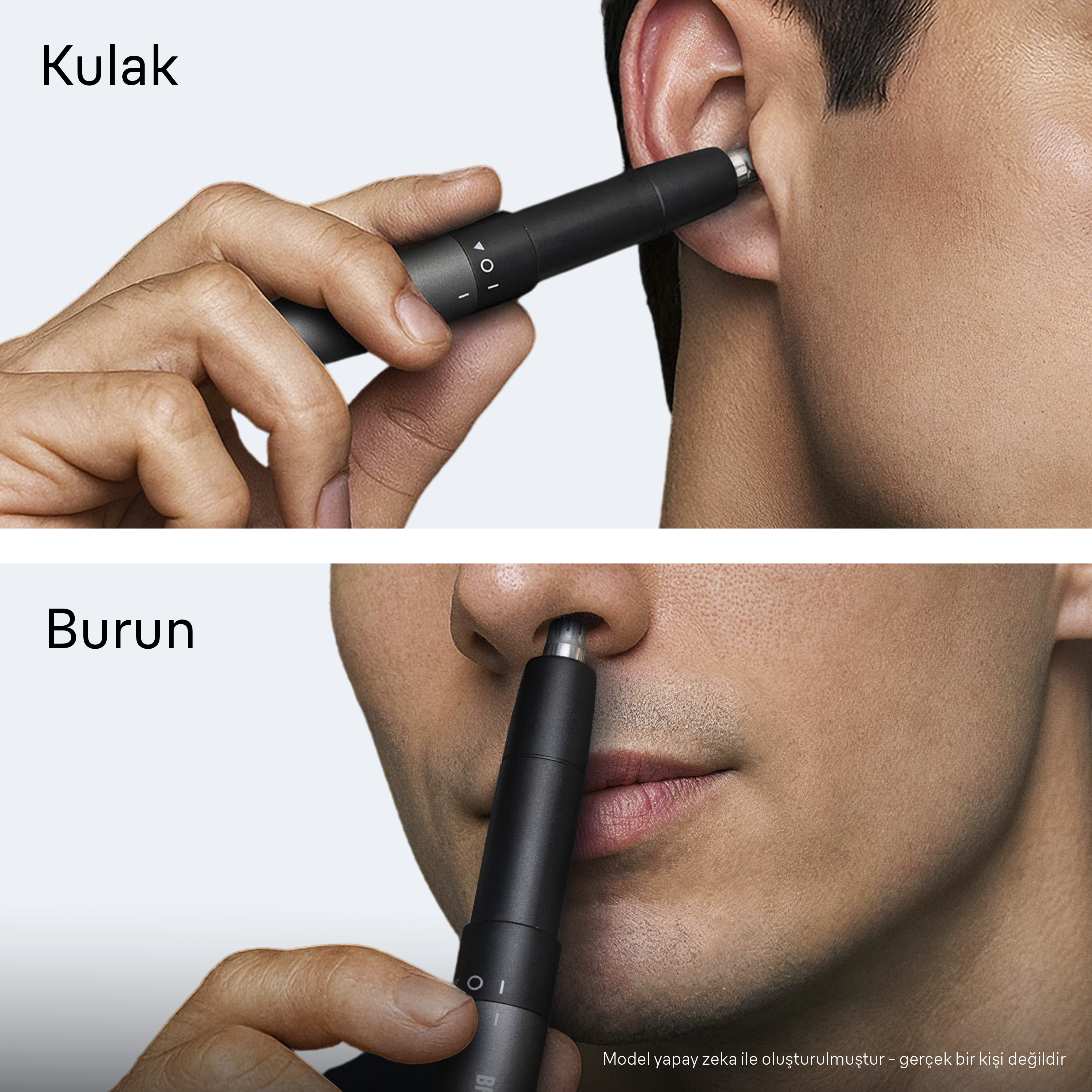 Bir erkek, kulak ve burun kıllarını almak için siyah bir tıraş makinesi kullanıyor.