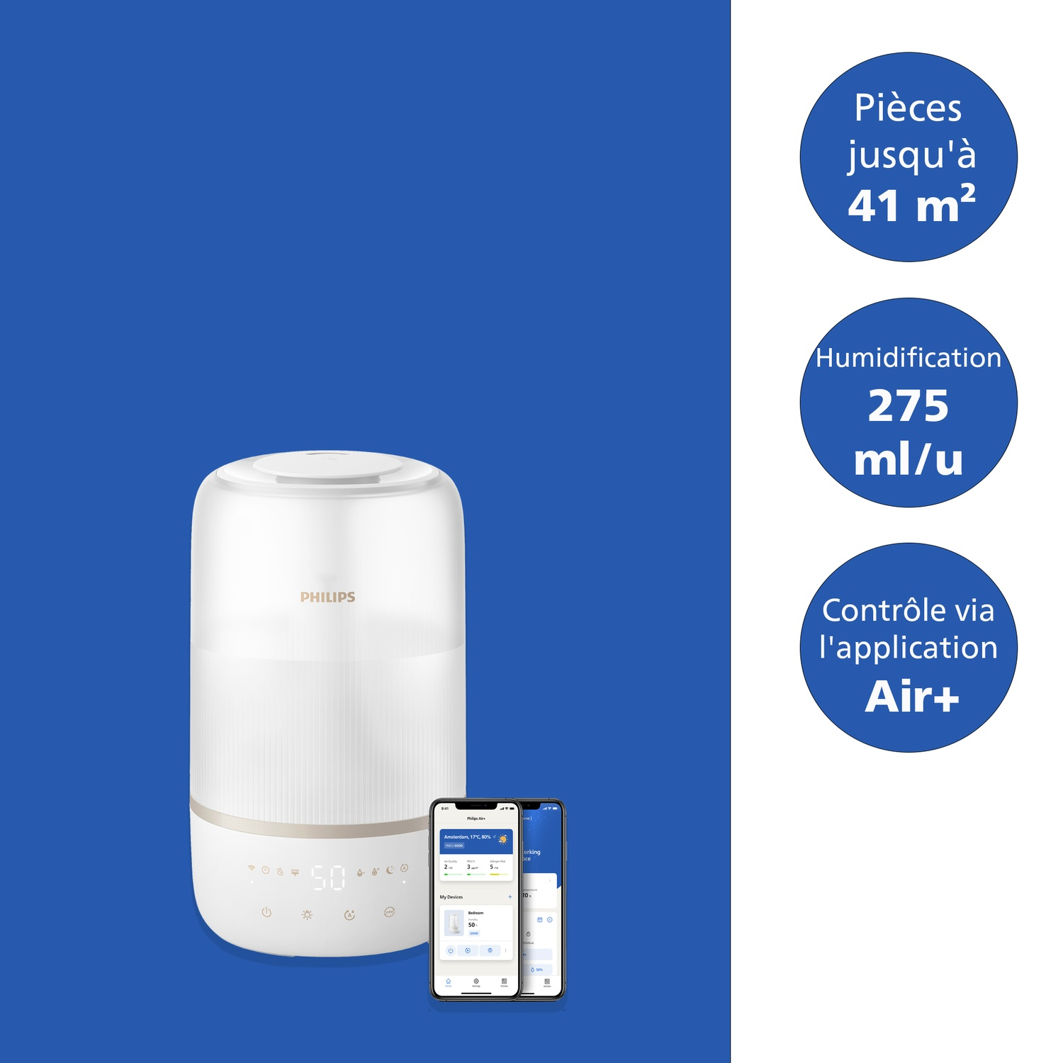 Humidificateur Philips blanc sur fond bleu avec trois icônes rondes et deux smartphones.