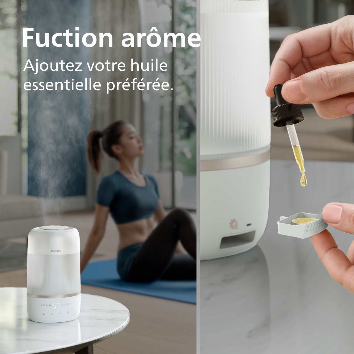 Une femme médite près d'un humidificateur Philips pendant qu'une main y ajoute de l'huile essentielle.