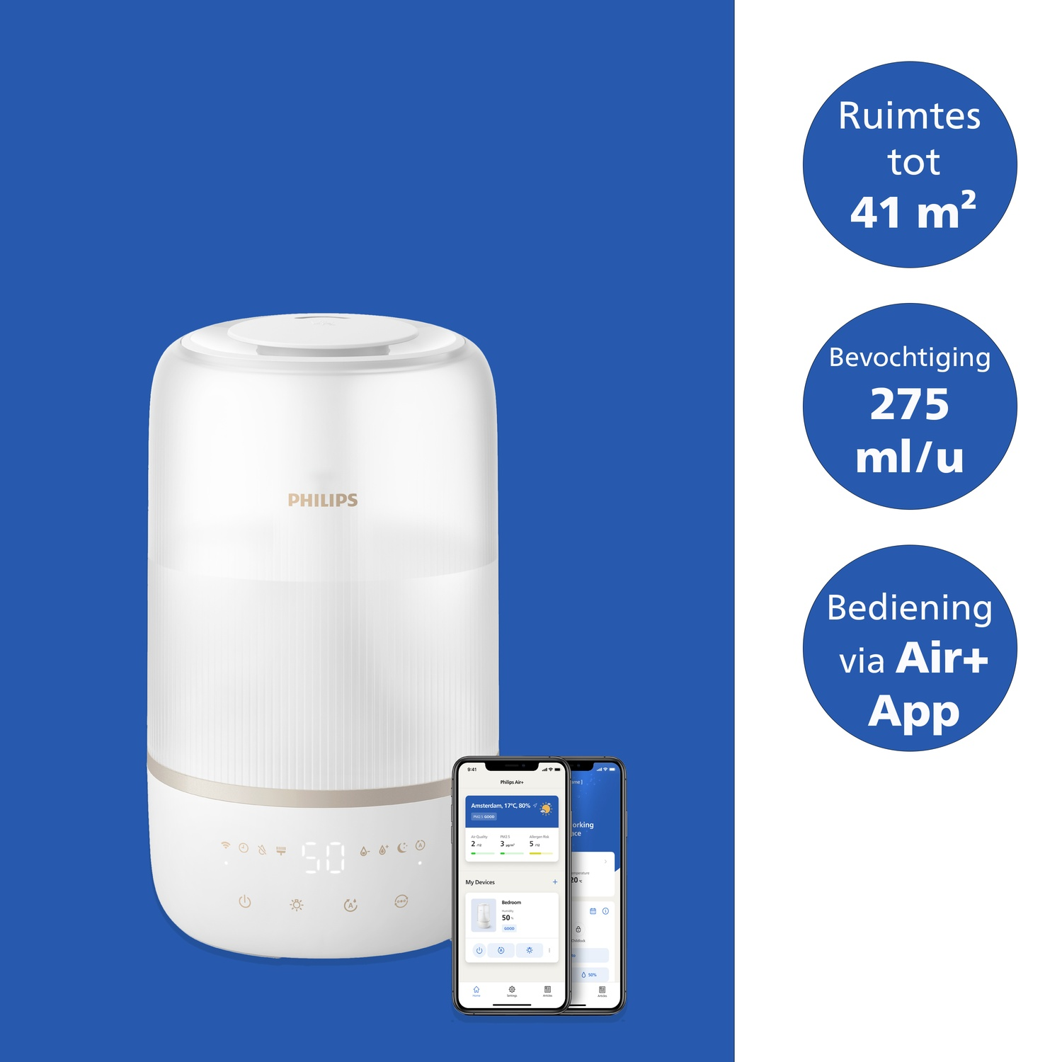 A white Philips humidifier with touch controls, two smartphones showing an app, and three blue feature circles.