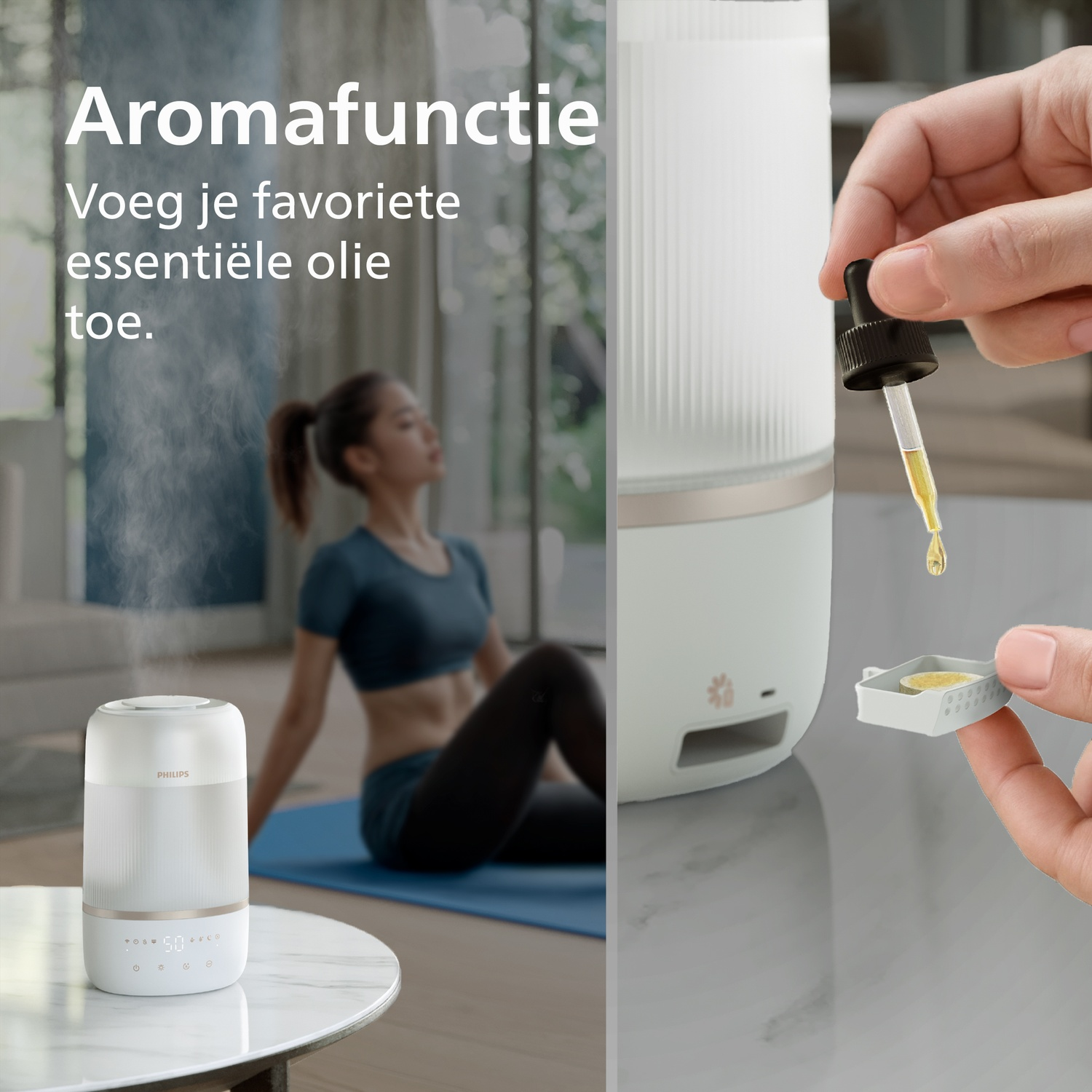 A hand drops essential oil into the aroma box of a white Philips humidifier.