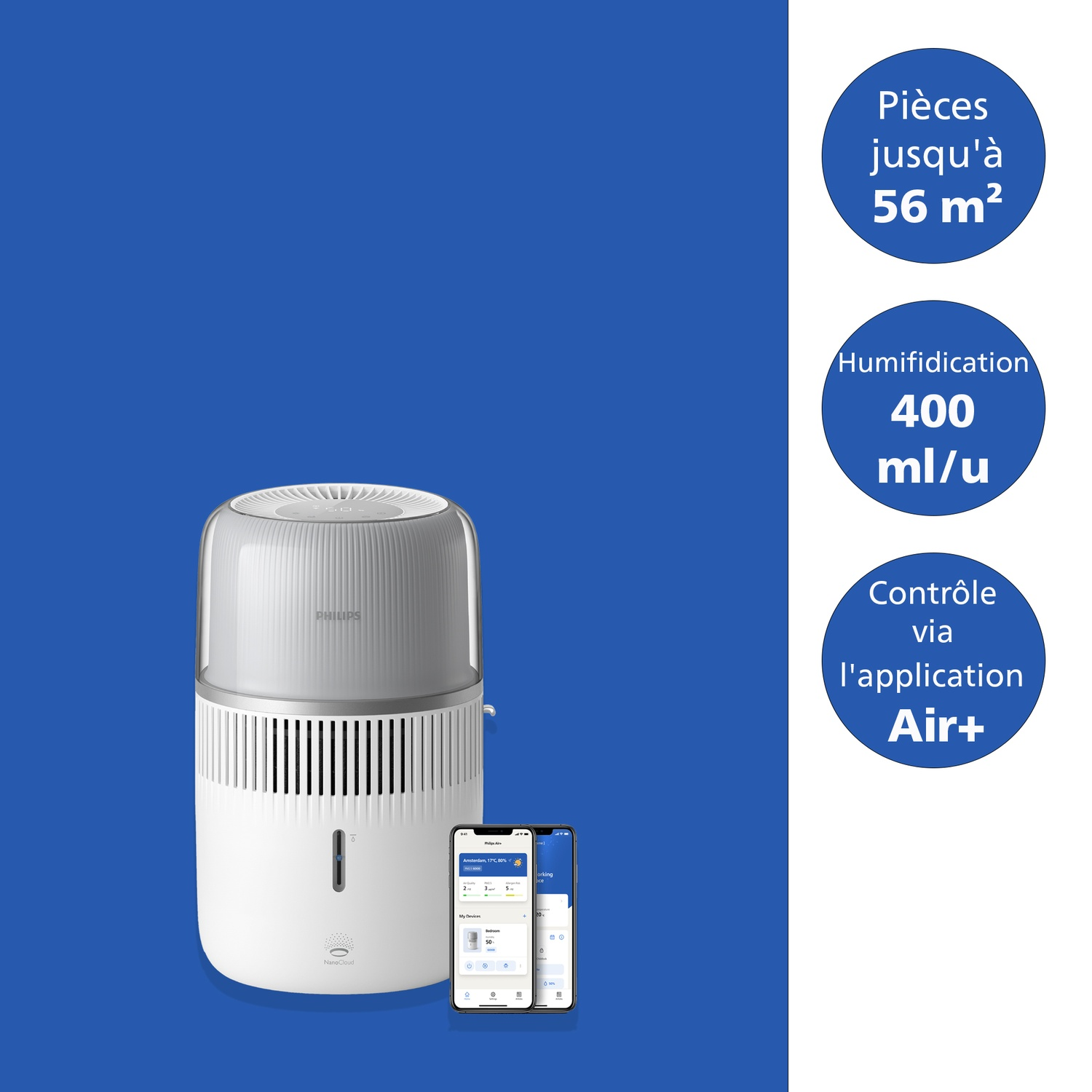 Humidificateur Philips blanc sur fond bleu avec trois cercles de texte bleus à droite.