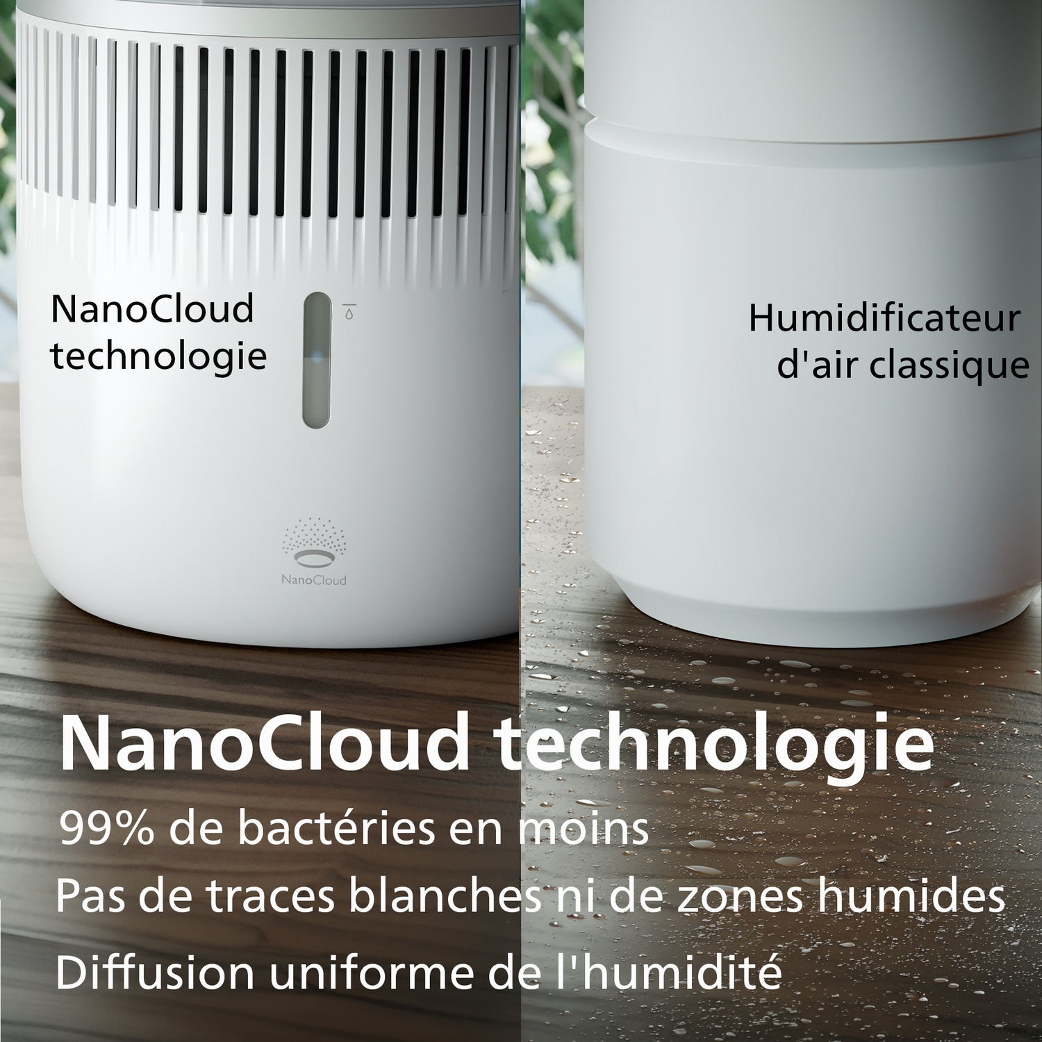 Comparaison de deux humidificateurs sur table en bois avec des gouttes.