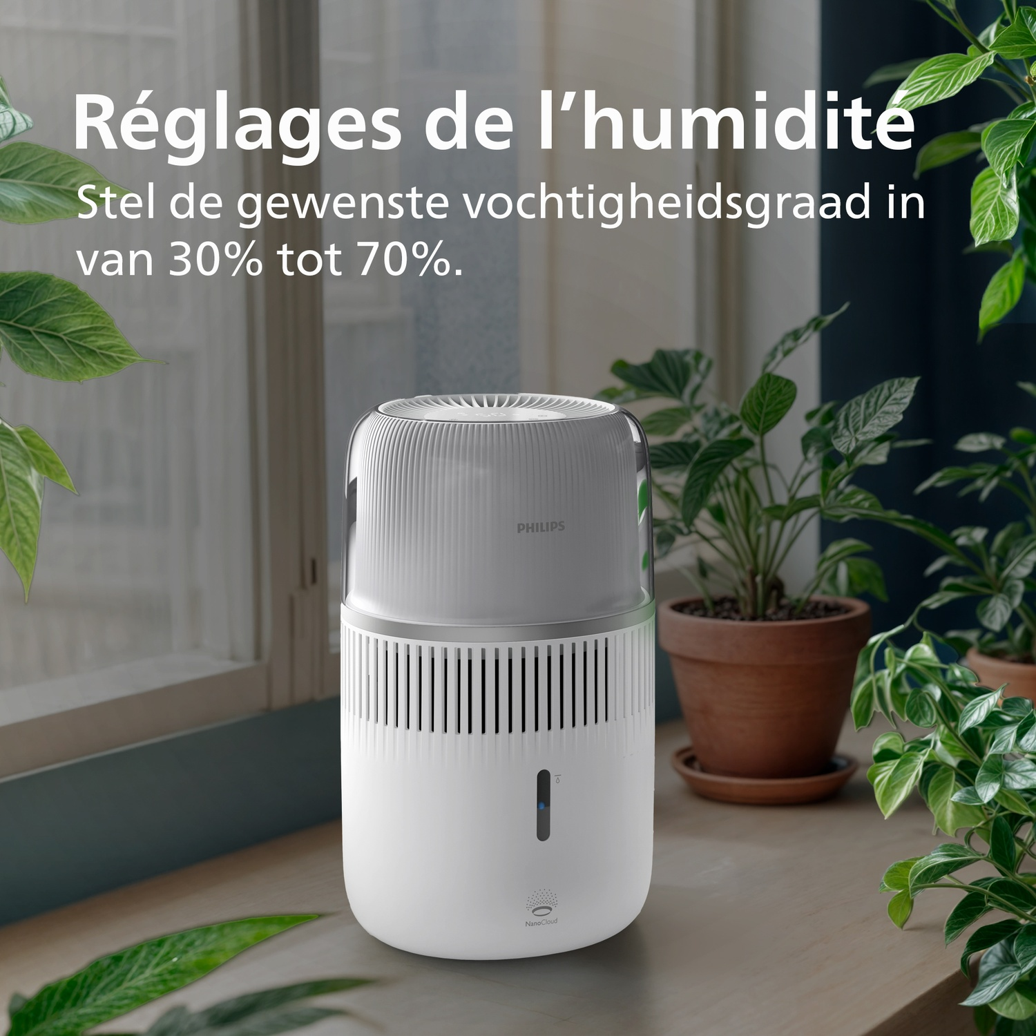 Un humidificateur Philips blanc sur un rebord de fenêtre, entouré de plantes en pot.