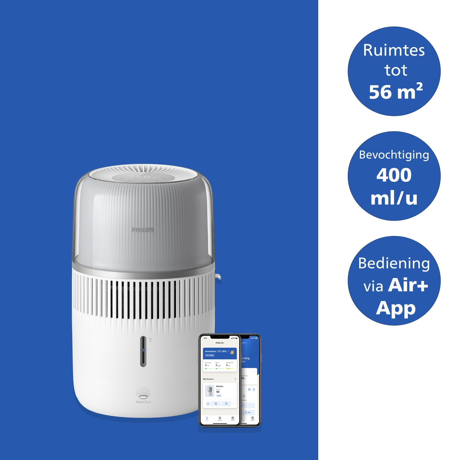 Een Philips luchtbevochtiger met twee smartphones en functiepictogrammen tegen een blauw-witte achtergrond.