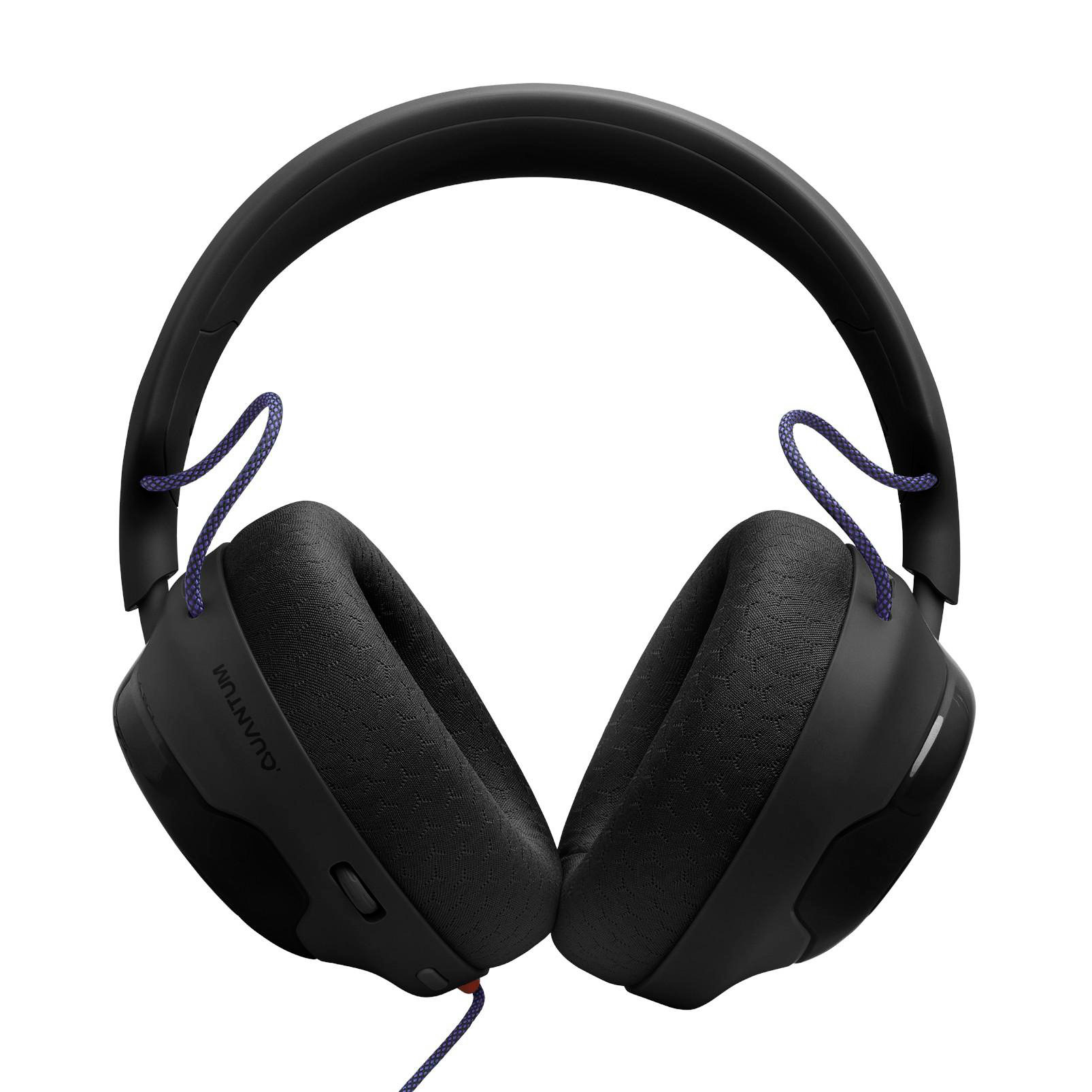 Schwarze Over-Ear-Kopfhörer mit gepolsterten Ohrmuscheln und violetten Kabeln auf hellem Hintergrund.