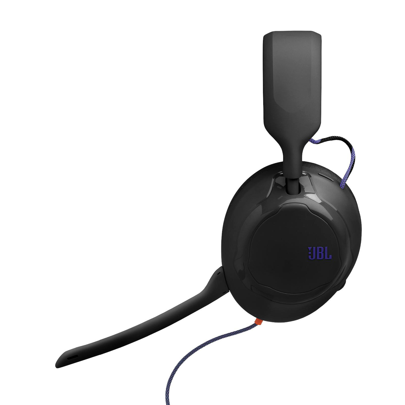 Schwarzes JBL Over-Ear-Headset mit Boom-Mikrofon und geflochtenem Kabel auf weißem Hintergrund.