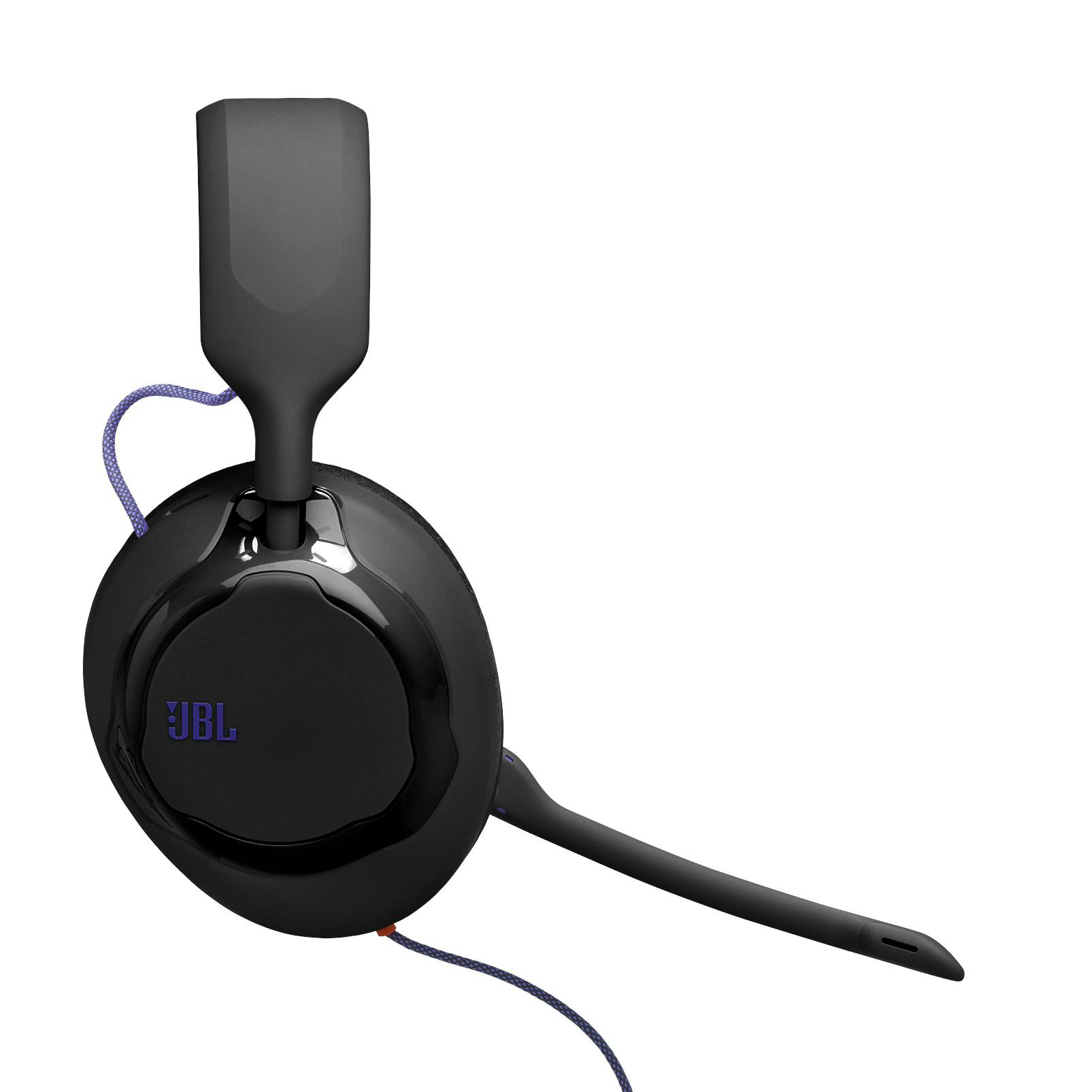 Schwarzes JBL Gaming-Headset mit Mikrofon und blauem Kabel auf weißem Grund.