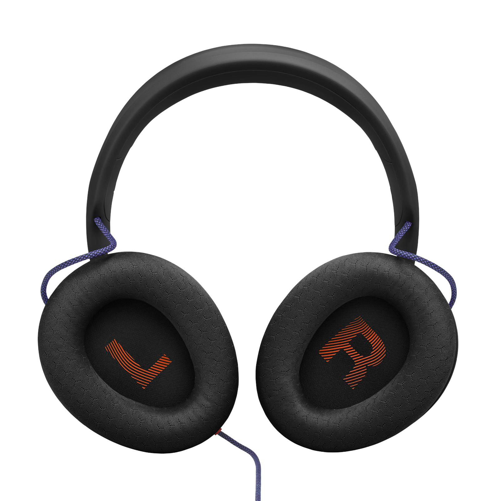 Schwarze Over-Ear-Kopfhörer mit oranger L- und R-Markierung in den Ohrpolstern.