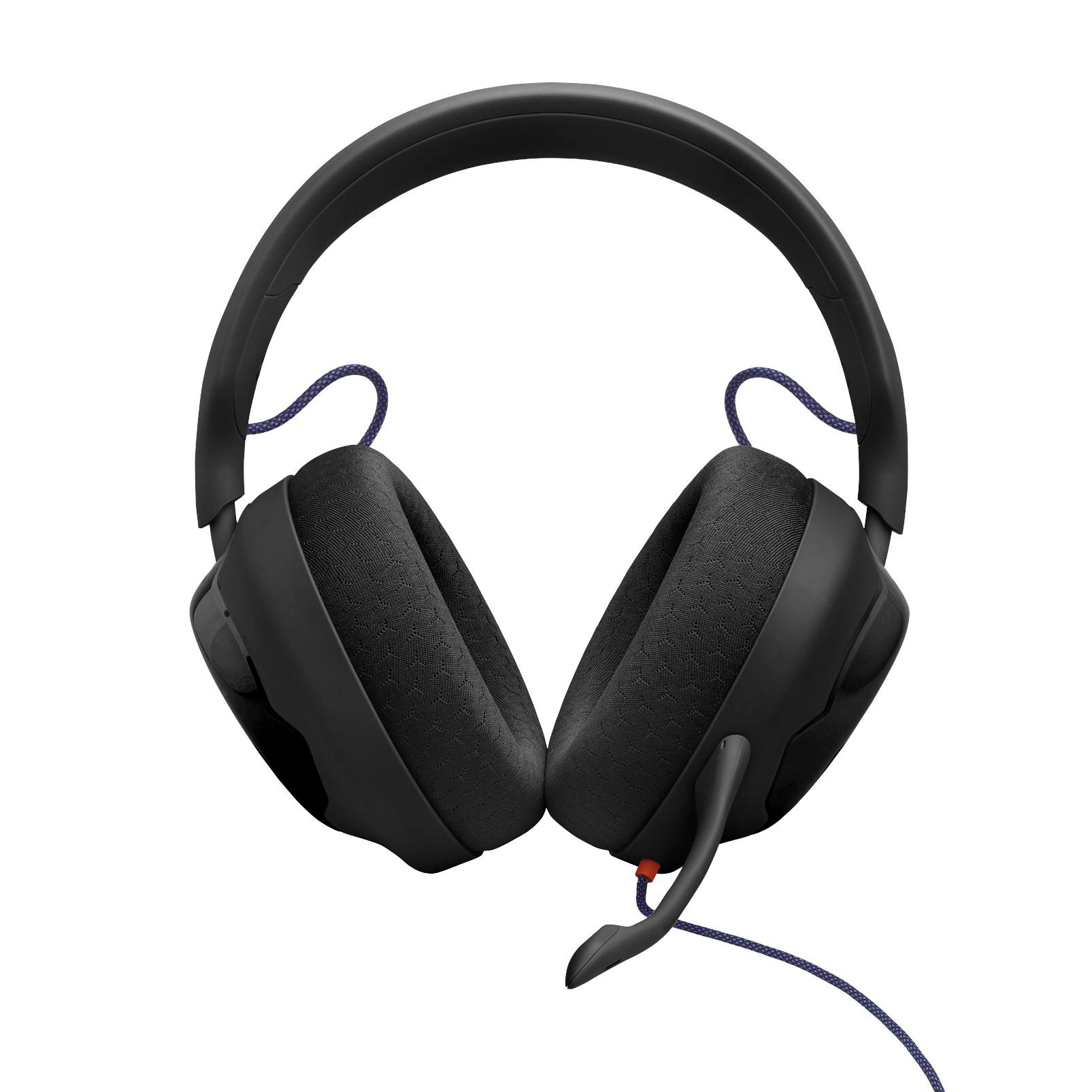 Schwarze Over-Ear-Kopfhörer mit Mikrofon und violetten Kabeln auf weißem Hintergrund.