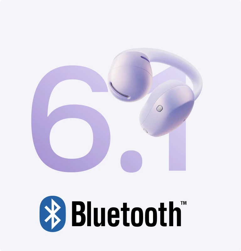 Lila nyitott fülhallgató a 6.1-es szám és a Bluetooth logó előtt világos háttéren.