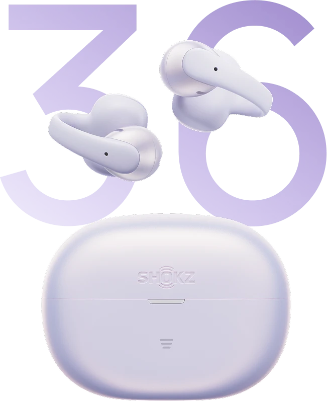 Lila Shokz OpenFit fülhallgató töltőtokkal a nagy 36-os számok előtt.