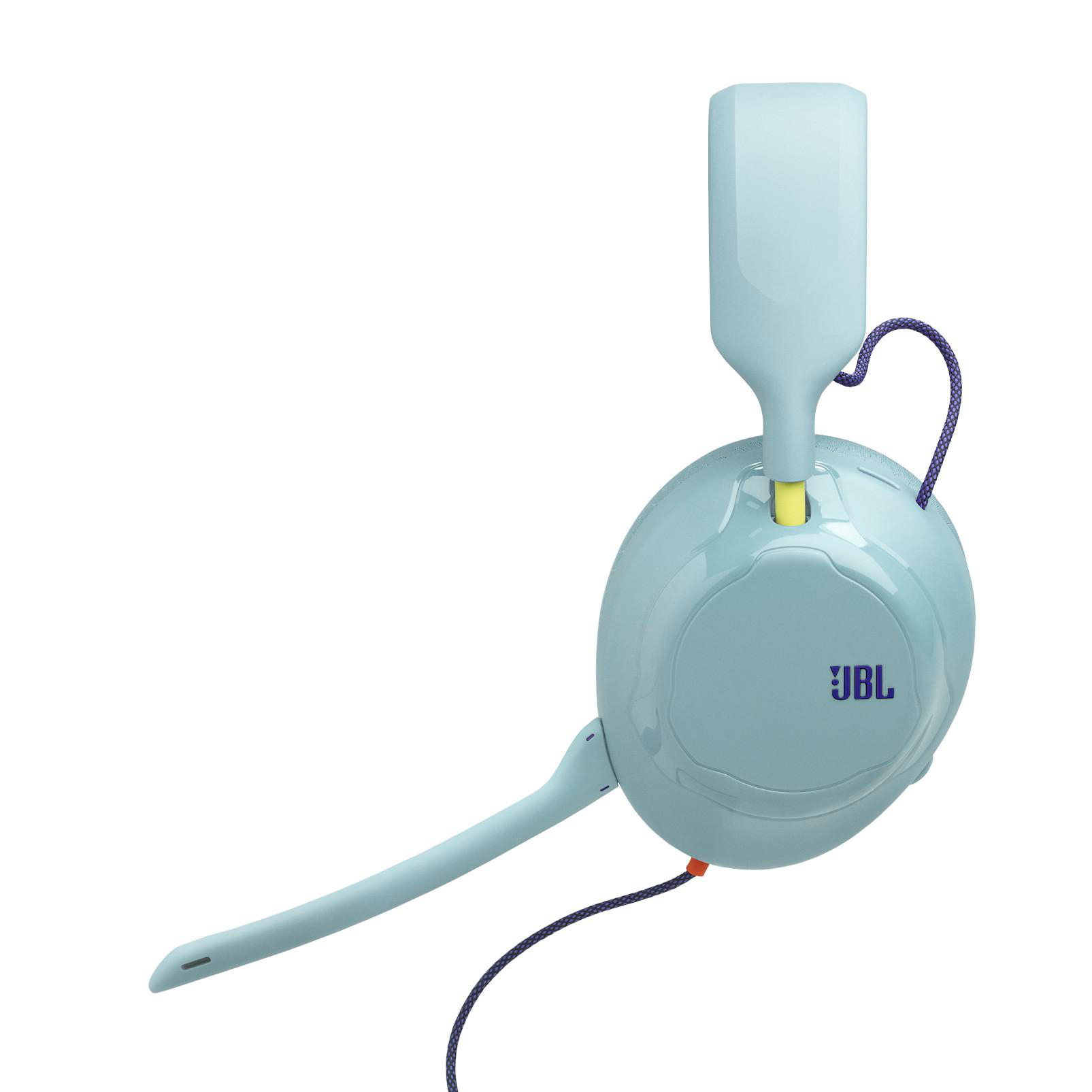 Hellblaues JBL Gaming-Headset mit Bügelmikrofon und violettem Kabel vor weißem Hintergrund.