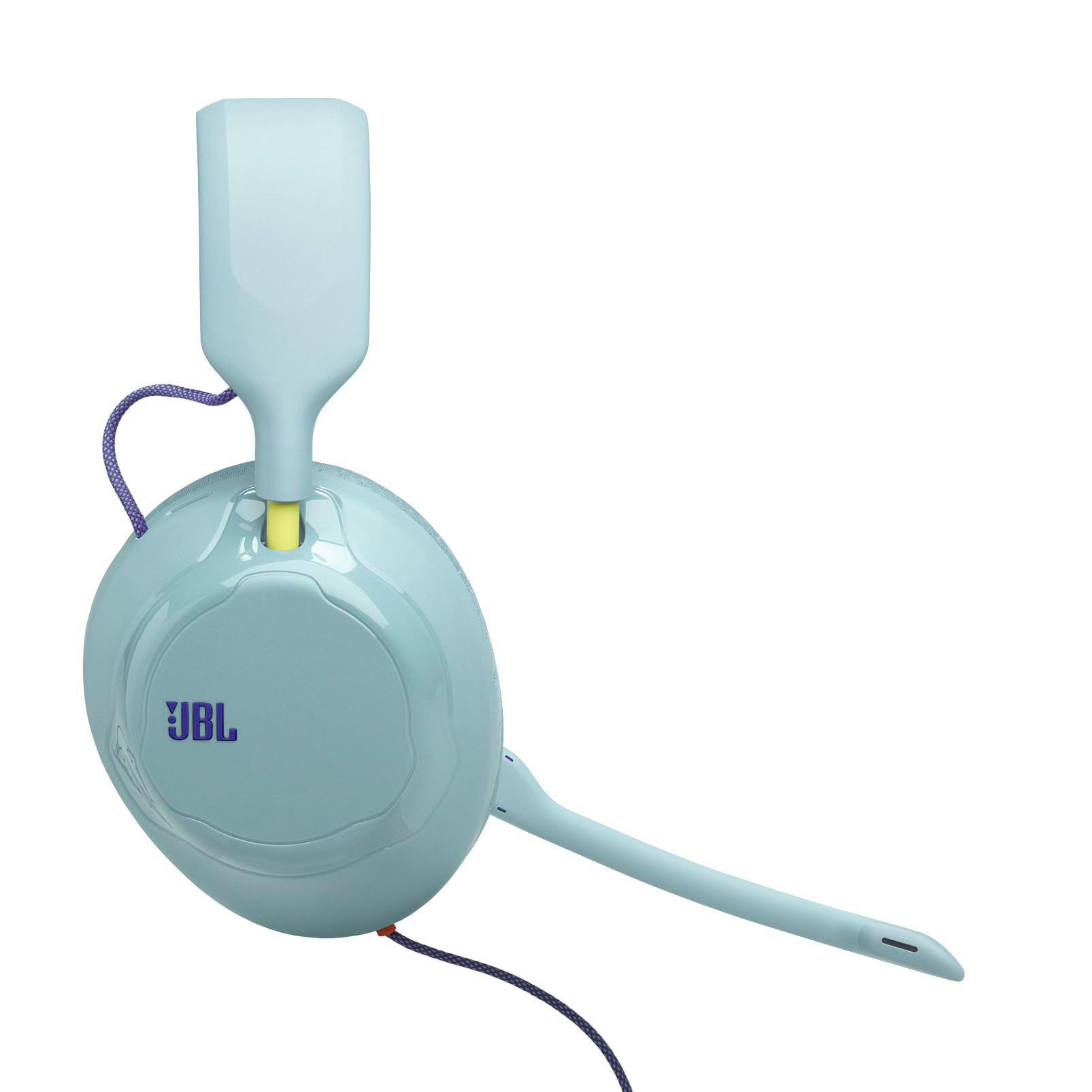 Hellblaue JBL-Kopfhörer mit Mikrofon und einem violetten Kabel auf weißem Hintergrund.