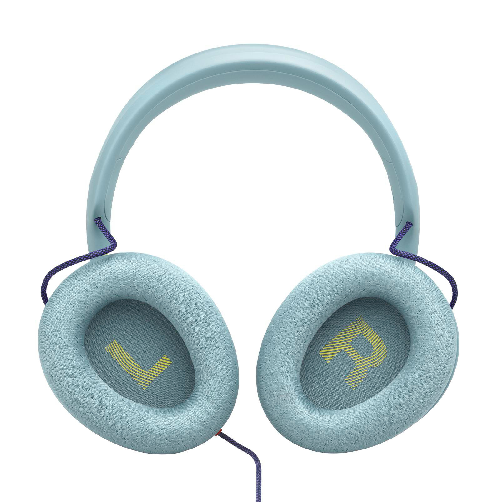 Blaue On-Ear-Kopfhörer mit gemusterten Ohrpolstern und Kabel auf weißem Hintergrund.
