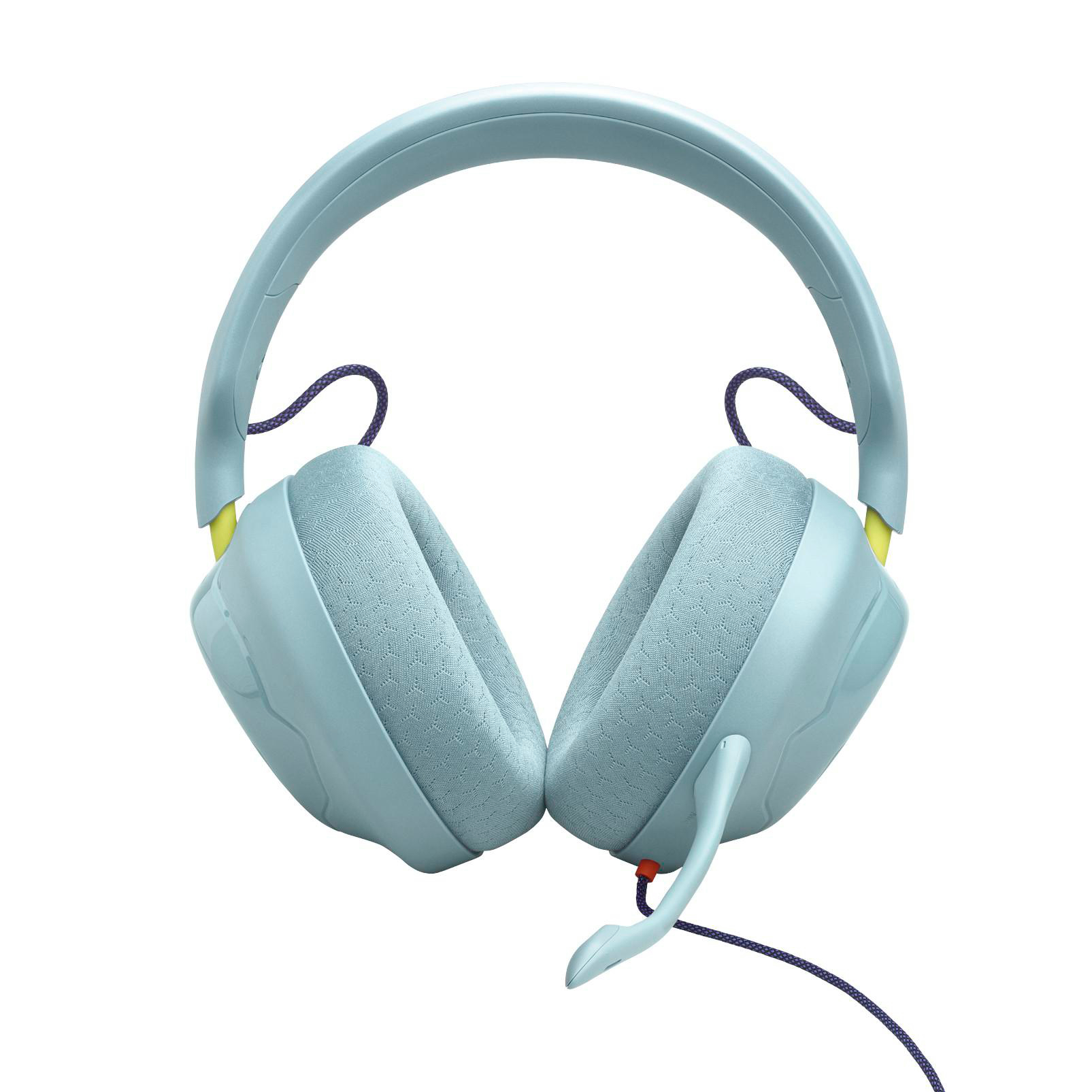 Hellblaue Over-Ear-Gaming-Kopfhörer mit Mikrofon und violettem Kabel vor weißem Hintergrund.