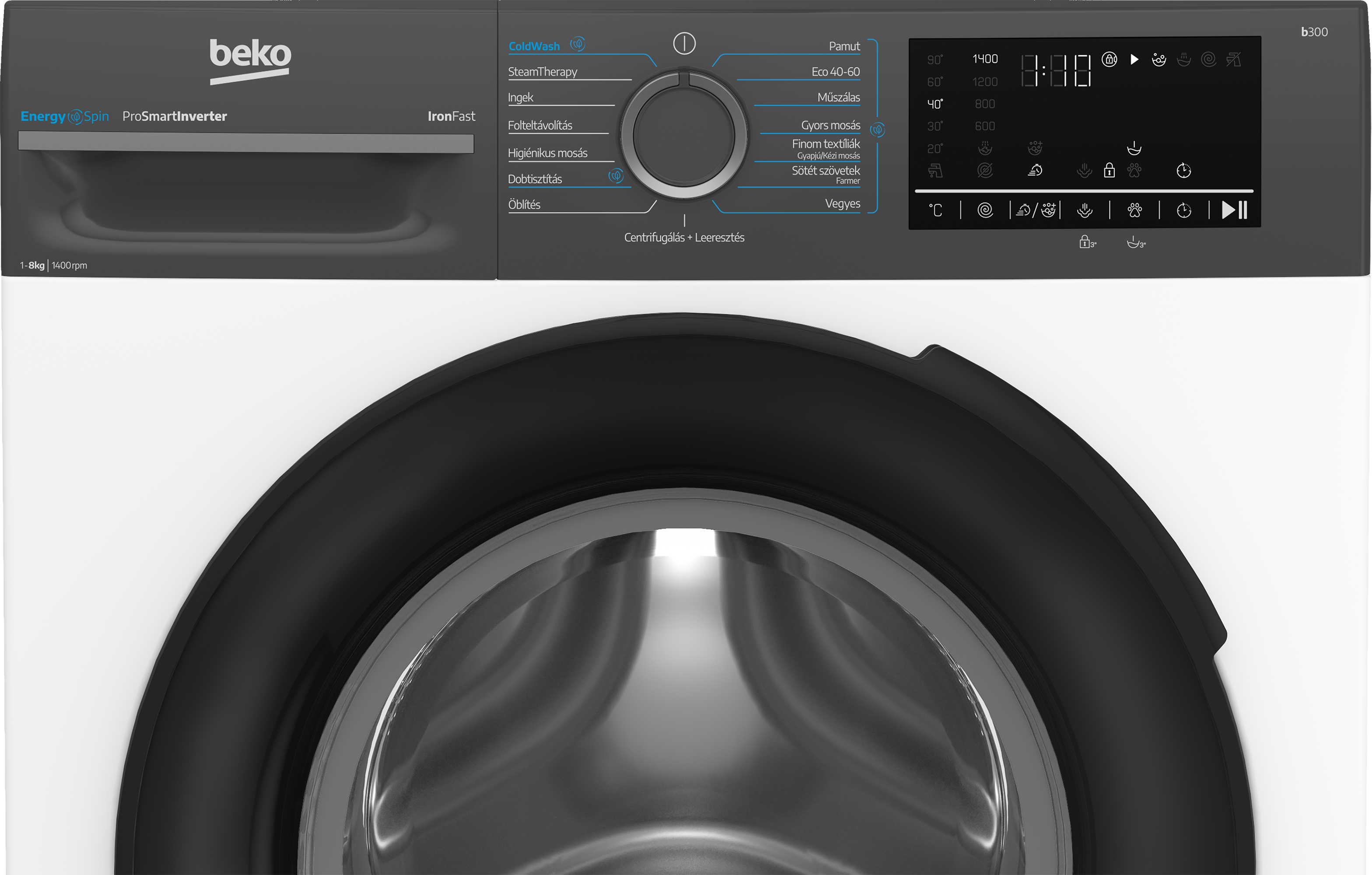 Beko mosógép digitális kijelzővel és tekerőgombbal, fehér házzal és fekete ajtóval.