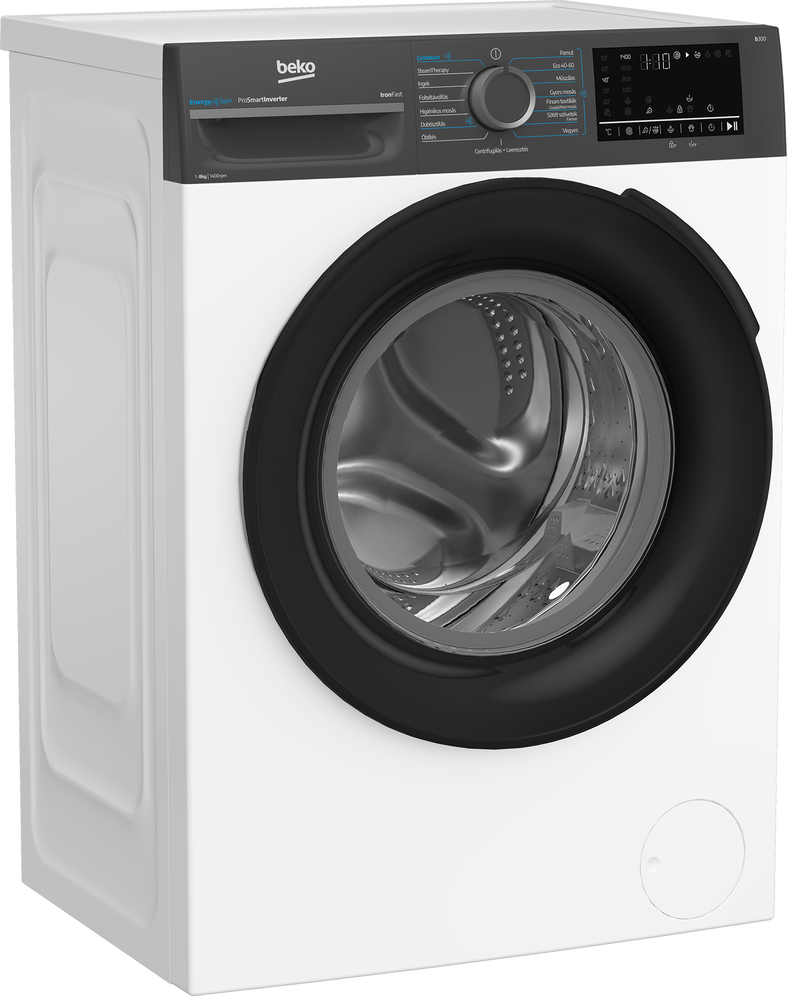 Modern fehér Beko elöltöltős mosógép fekete kezelőpanellel és kerek üvegajtóval.