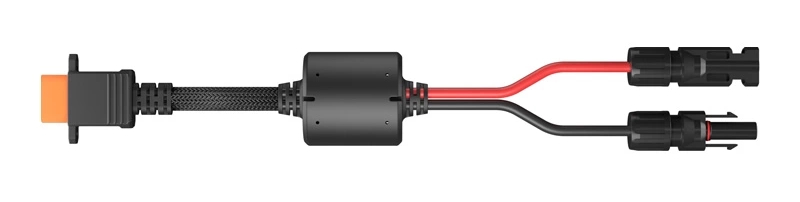 Czarny kabel adaptacyjny z pomarańczowym złączem, centralnym cylindrem i dwoma kablami ze złączami po prawej stronie.