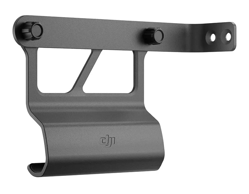 Matowy czarny metalowy uchwyt z dwiema śrubami i logo DJI na szarym tle.