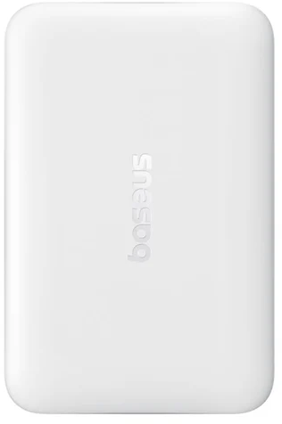 Egy fehér power bank lekerekített sarkokkal és az előlapon dombornyomott Baseus logóval.