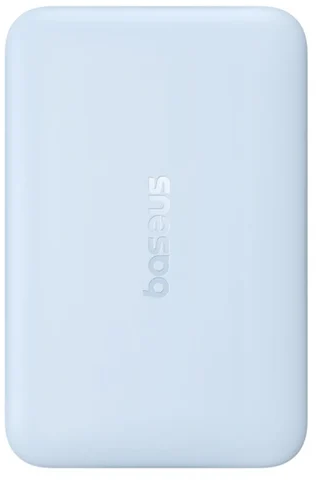 Világoskék, téglalap alakú power bank lekerekített sarkokkal és középen ezüst színű Baseus logóval.