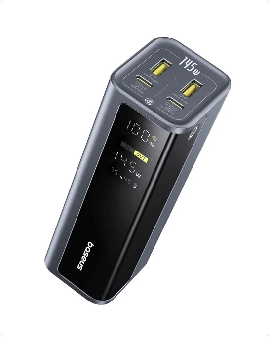 Szürke Baseus külső akkumulátor LEDijelzővel és több USB porttal.