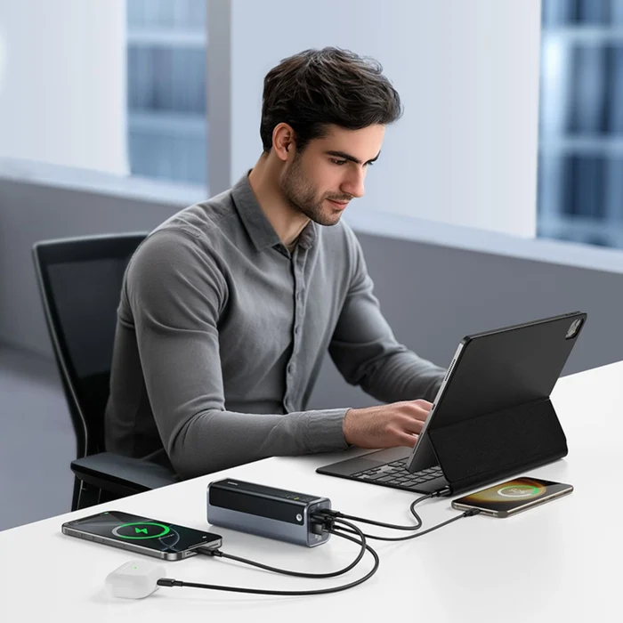 Egy férfi egy íróasztalnál ül és tableten gépel. Több eszköz csatlakozik egy powerbankhoz az asztalon.
