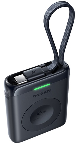 Sötétszürke Baseus power bank beépített kábellel, hordpánttal és zöld LED visszajelzővel.