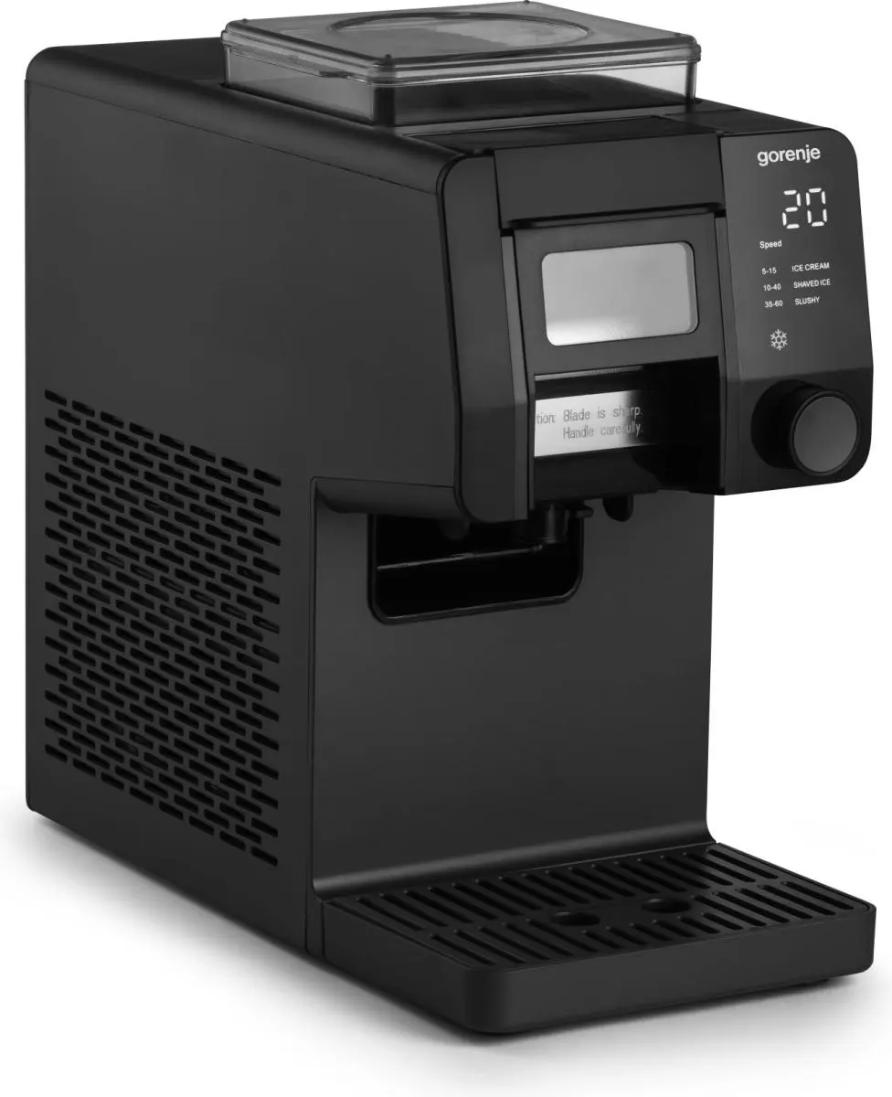 Fekete Gorenje fagylaltkészítő digitális kijelzővel és gombbal.