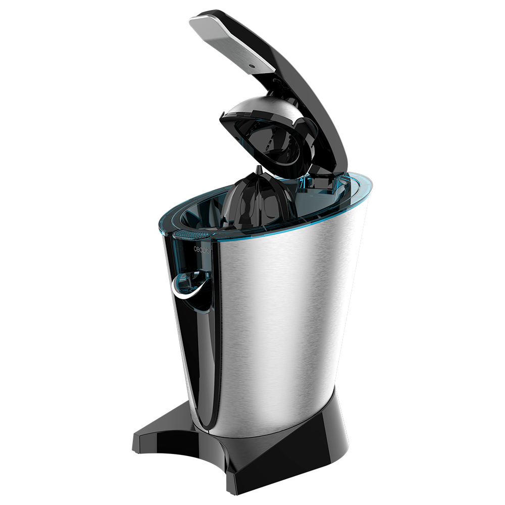 Moderna exprimidora de cítricos plateada y negra con cono abierto y luz azul sobre fondo negro.