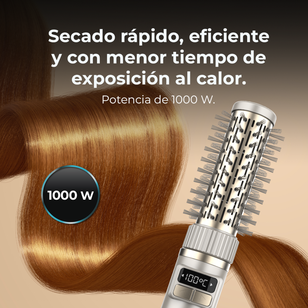 Un cepillo de pelo con pantalla y 1000W de potencia ante cabello castaño y texto.