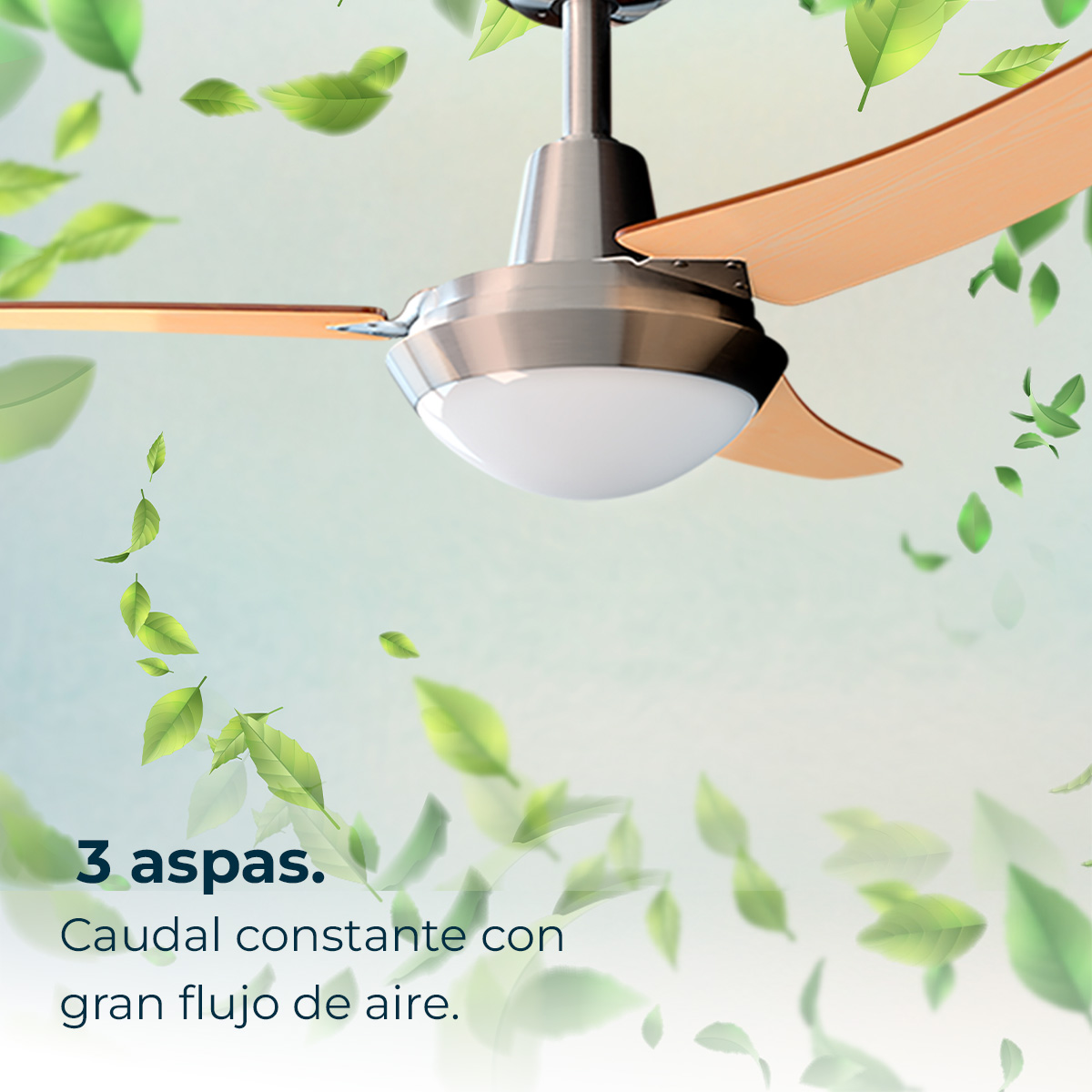 Ventilador de techo moderno con aspas de madera y luz, rodeado de hojas verdes.