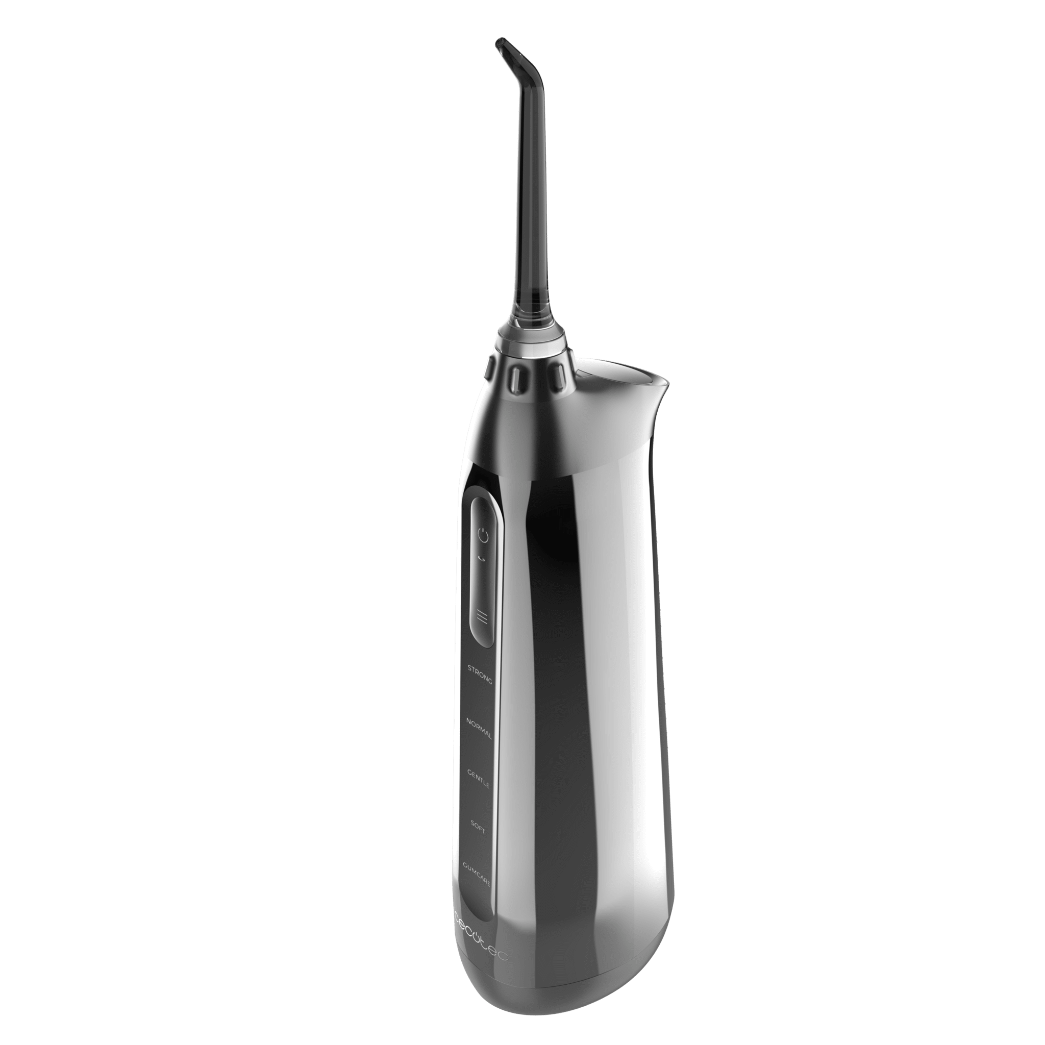 Un irrigador dental eléctrico plateado sobre fondo negro.